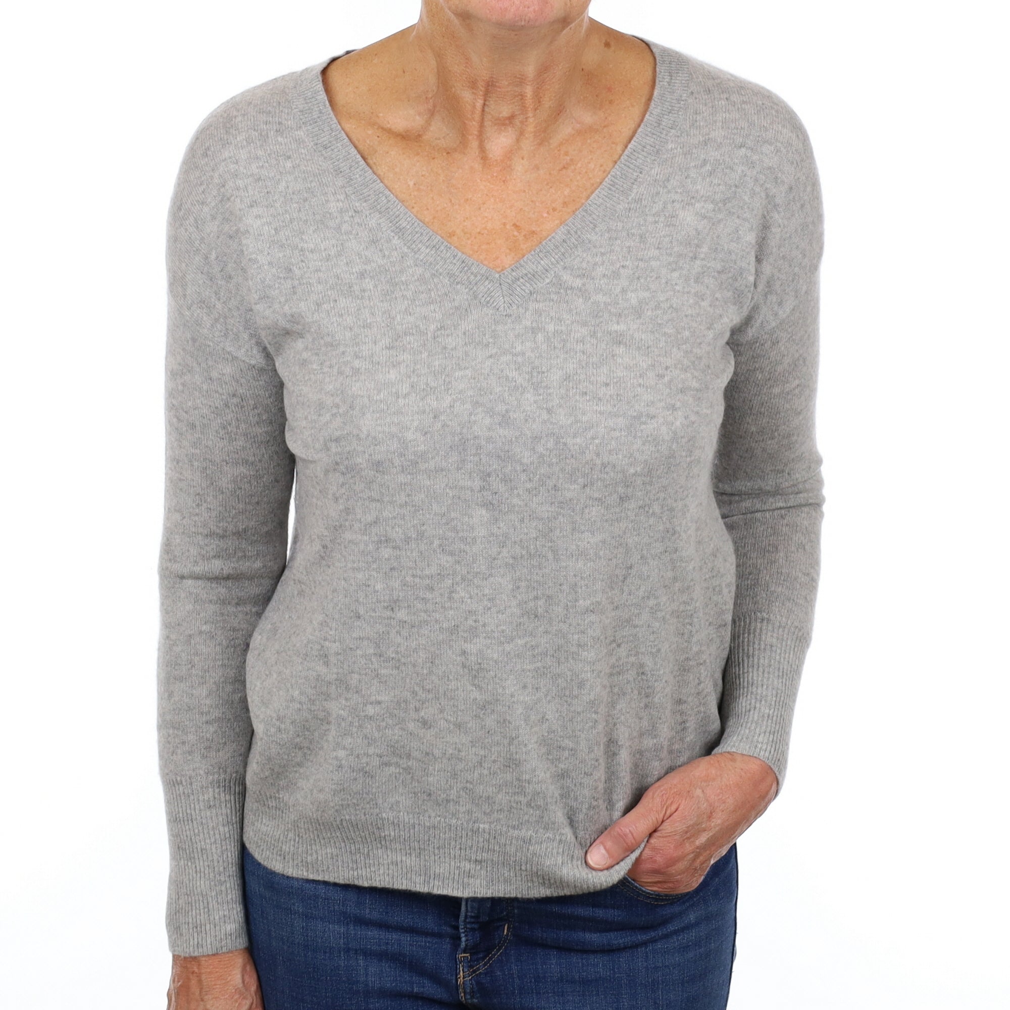 Smoke Grey Cashmere V Neck Jumper Medium