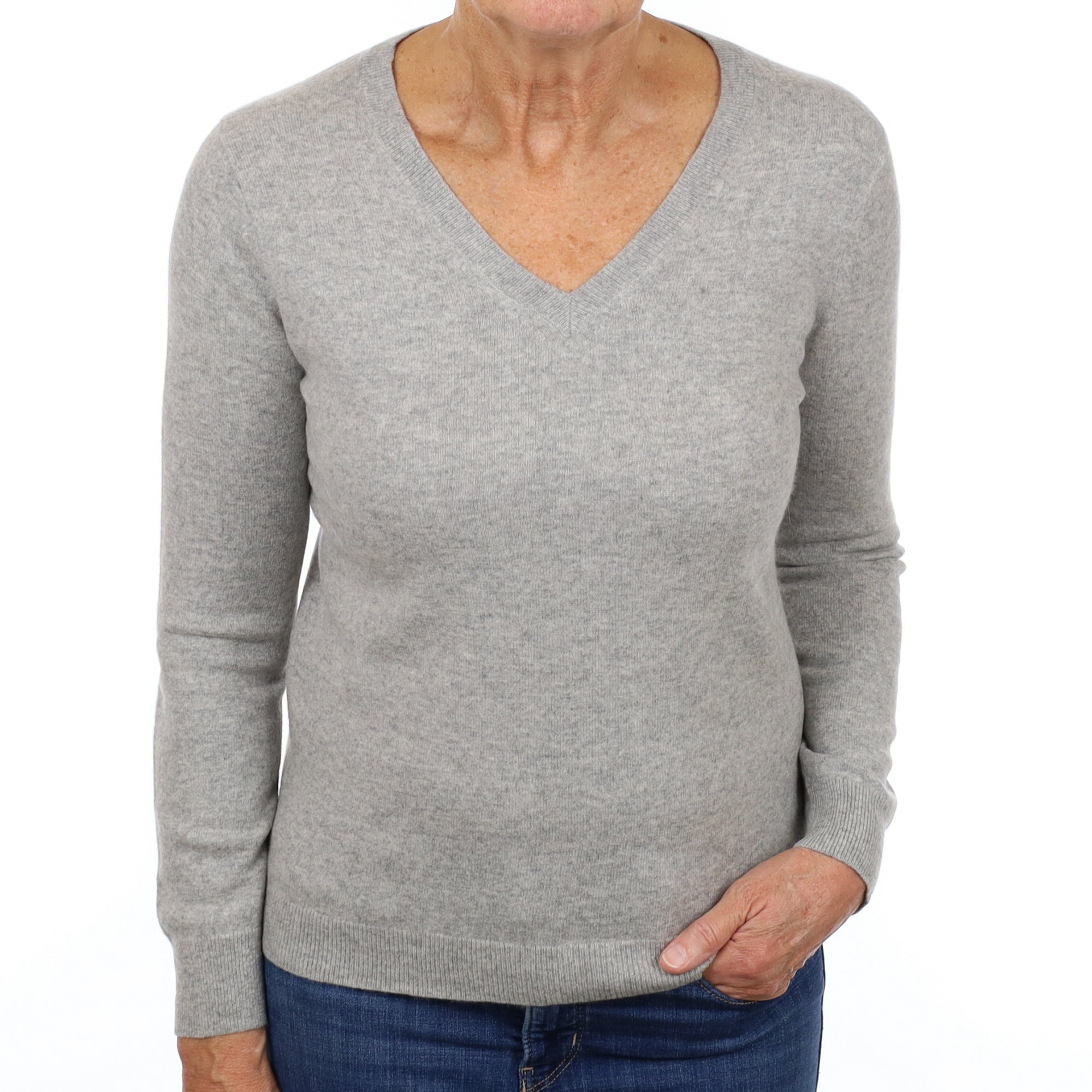 Smoke Grey Cashmere V Neck Jumper Medium