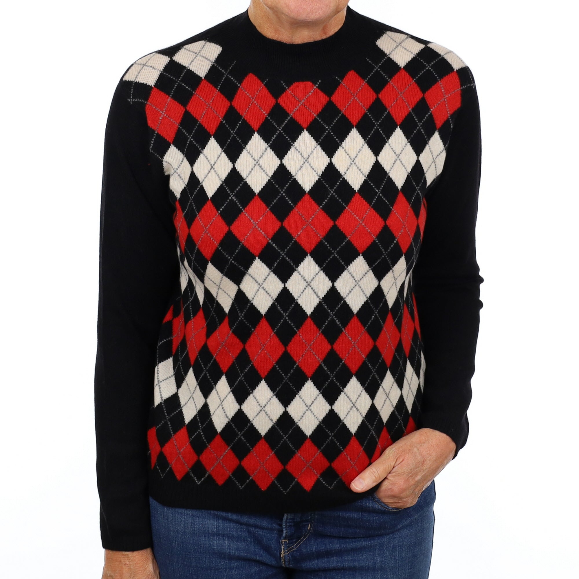 Black and Red Argyle Cashmere Turtle Neck Jumper Medium