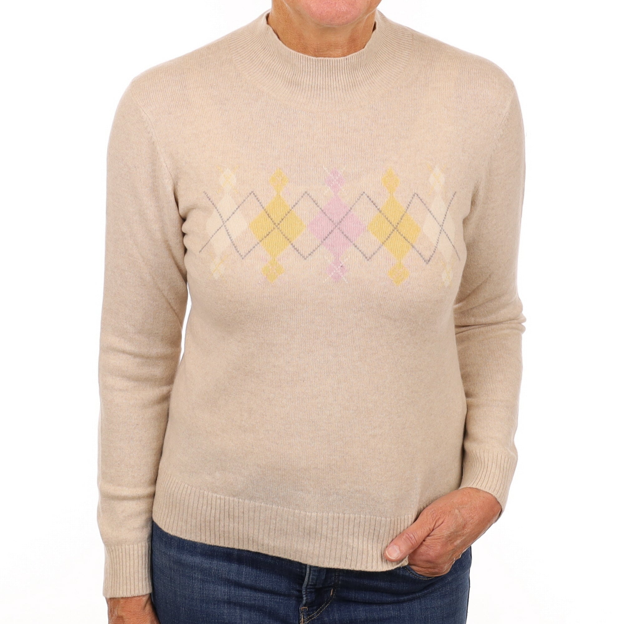 Oatmeal Diamond Cashmere Turtle Neck Jumper Medium