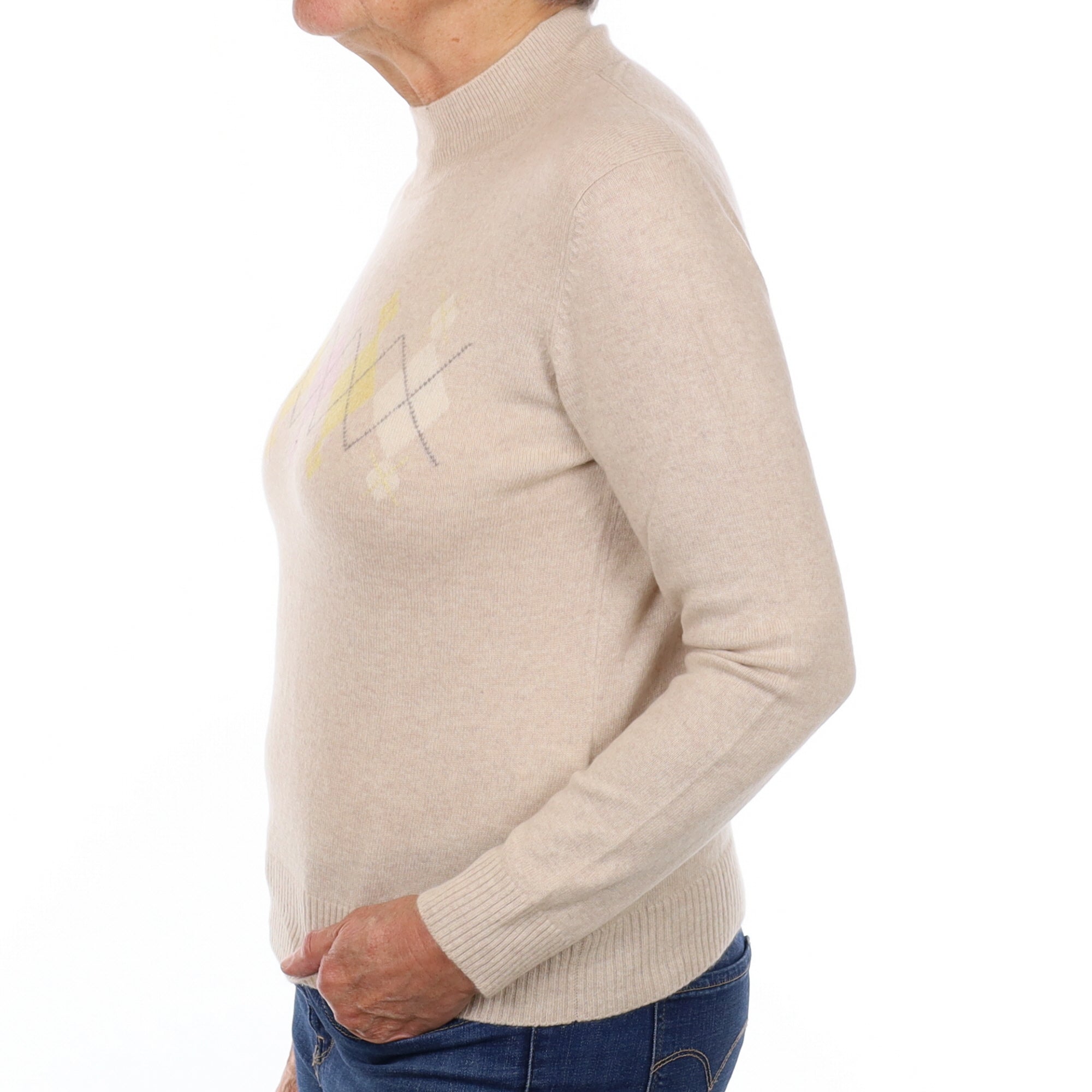 Oatmeal Diamond Cashmere Turtle Neck Jumper Medium