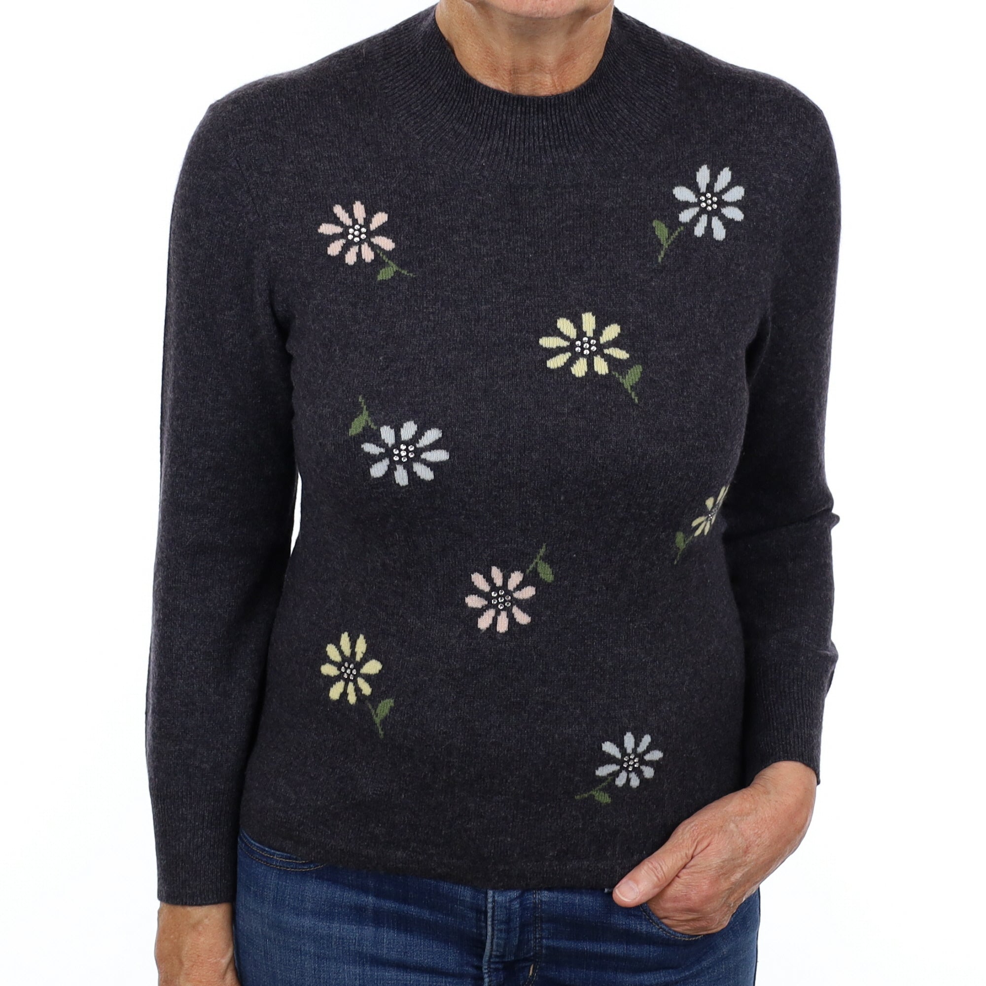 Slate Grey Floral Cashmere Turtle Neck Jumper Medium