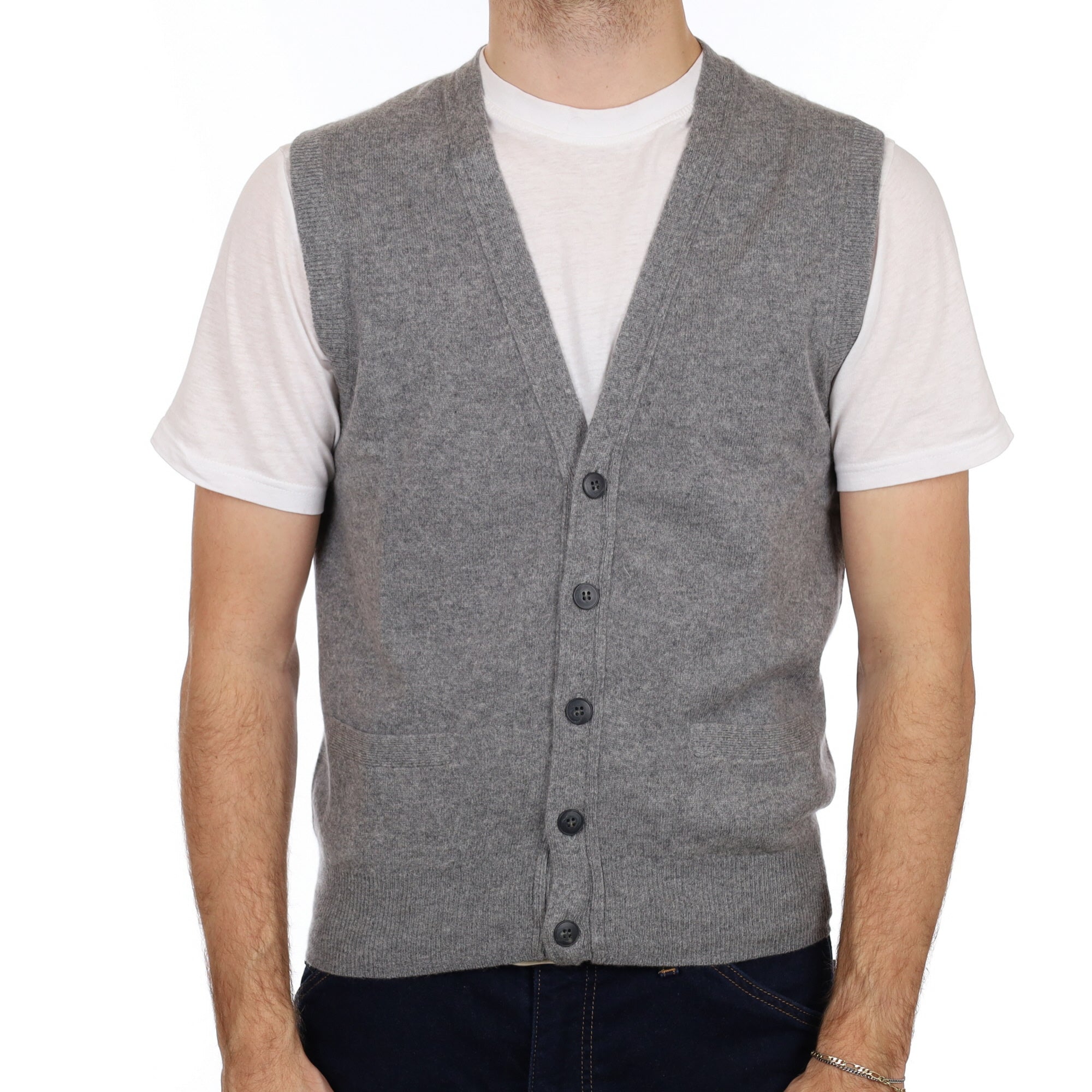 Men's Smoke Grey Cashmere V Neck Sleeveless Waistcoat Medium