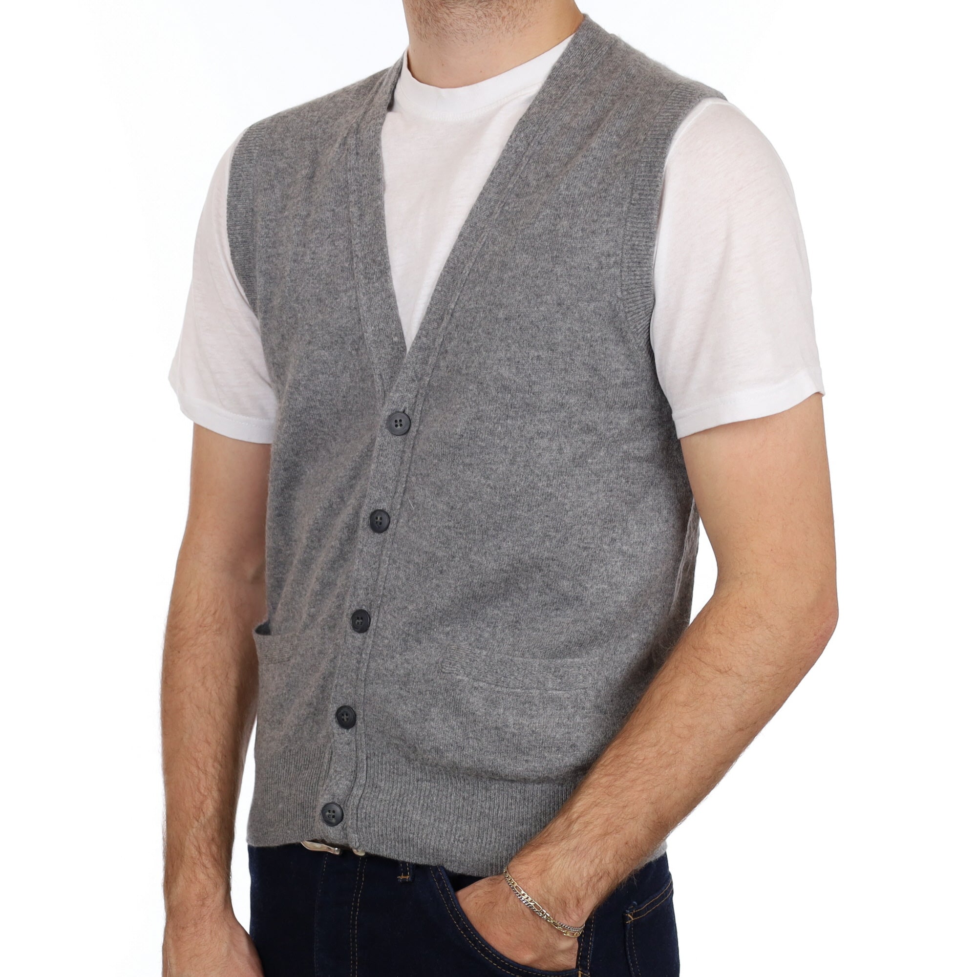 Men's Smoke Grey Cashmere V Neck Sleeveless Waistcoat Medium