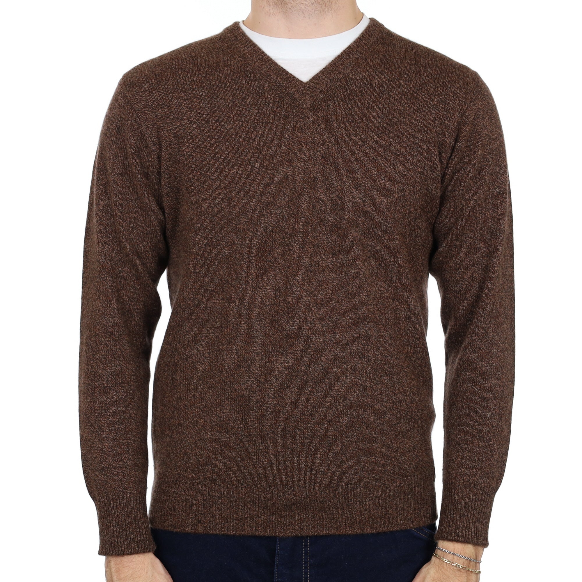 Men's Chocolate Brown Marl Cashmere V Neck Jumper Medium