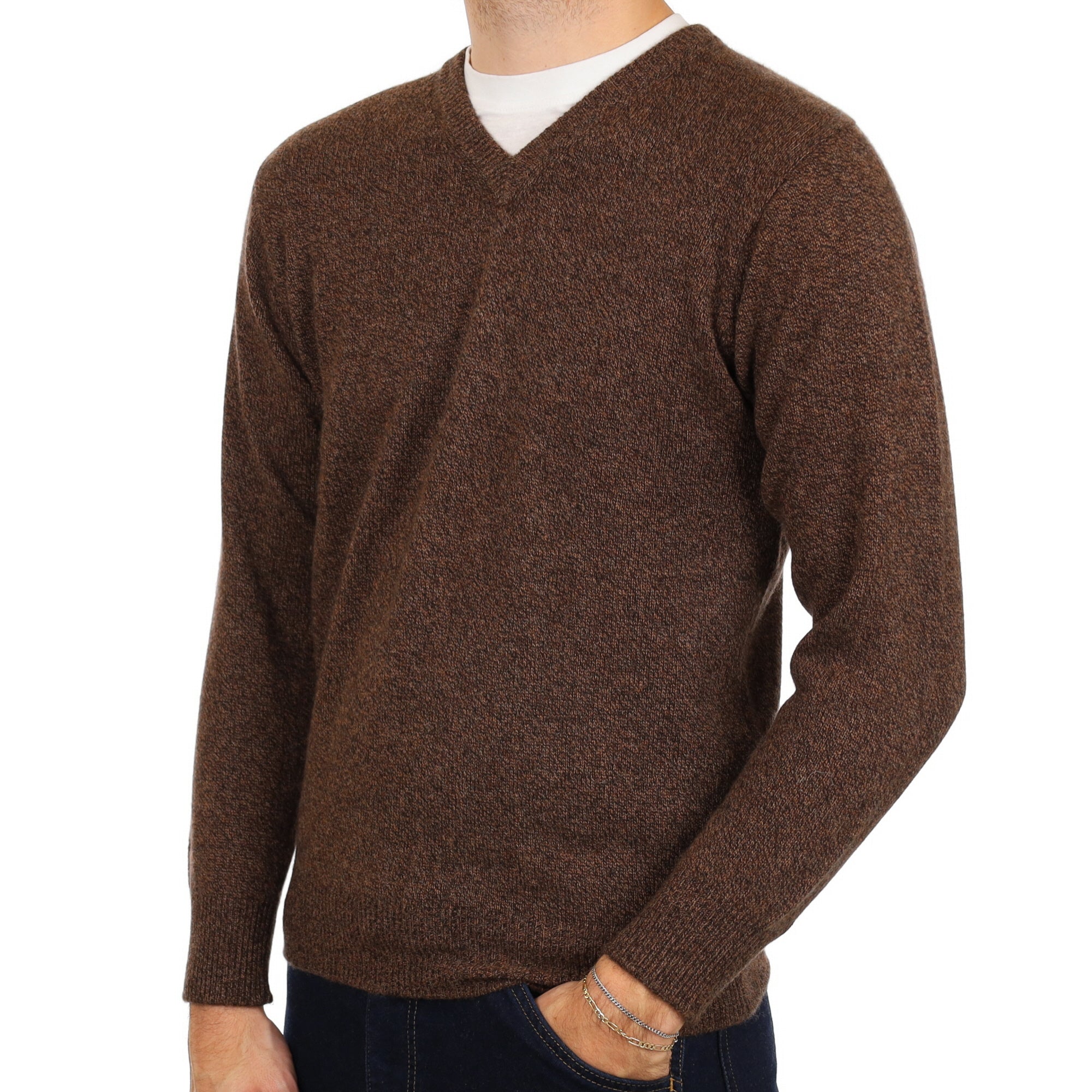 Men's Chocolate Brown Marl Cashmere V Neck Jumper Medium