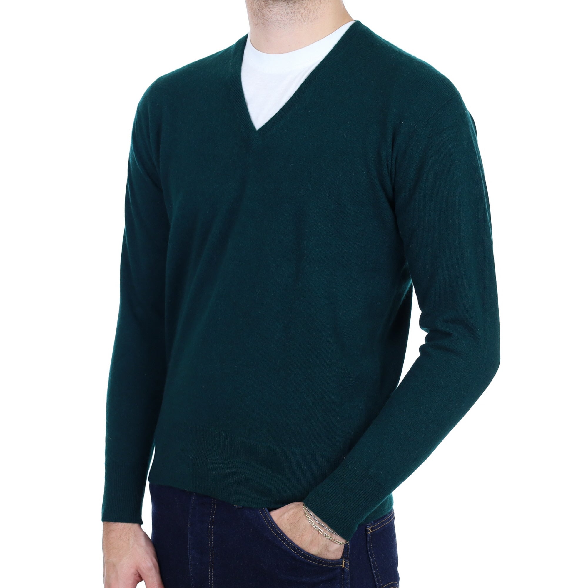 Men's Vintage Scottish Bottle Green Cashmere V Neck Jumper Medium