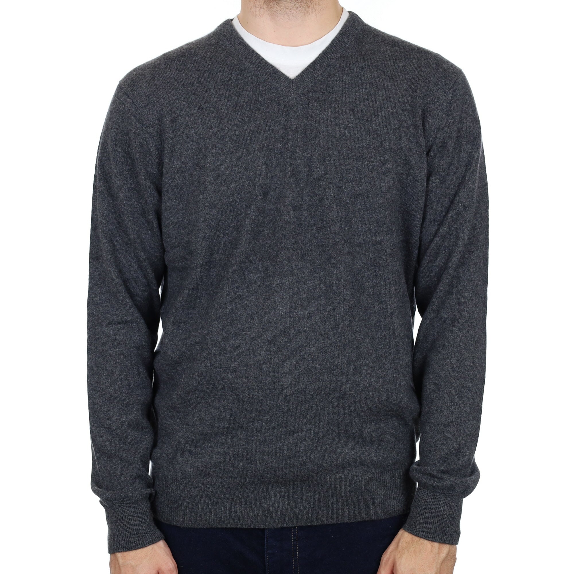 Men's Charcoal Grey Cashmere V Neck Jumper Large
