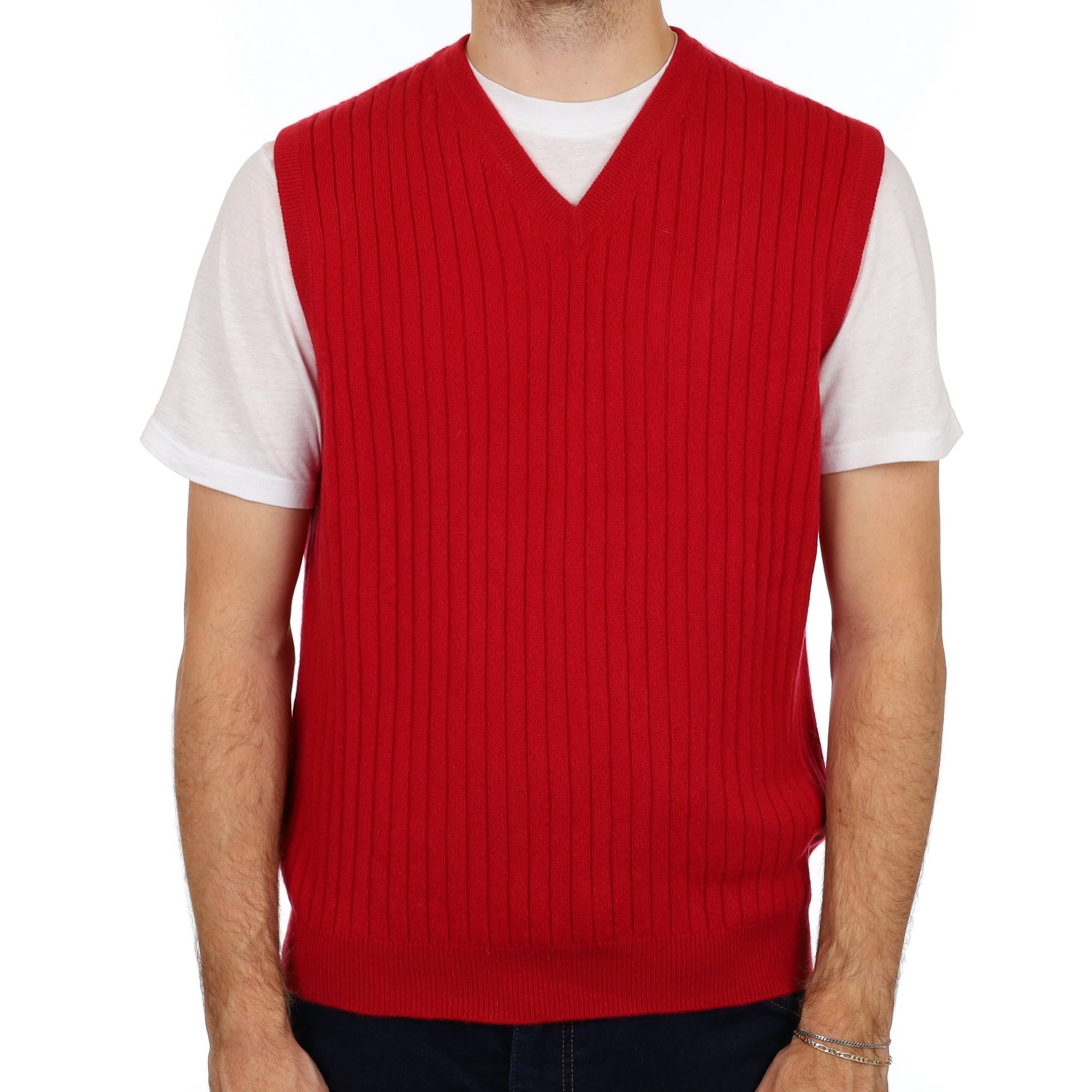 Men's Crimson Red Cashmere V Neck Sleeveless Ribbed Knit Jumper Large