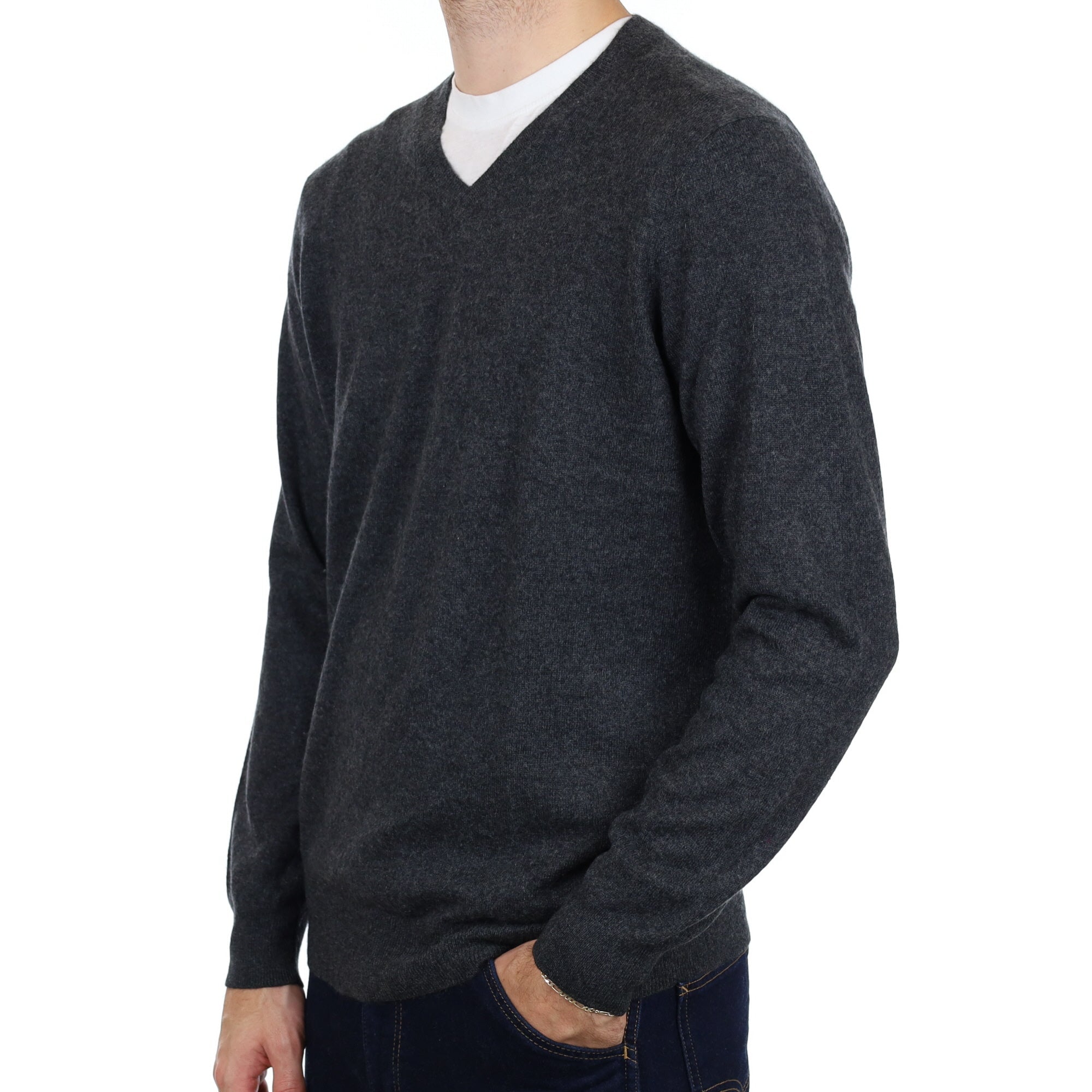 Men's Charcoal Grey Cashmere V Neck Jumper Large
