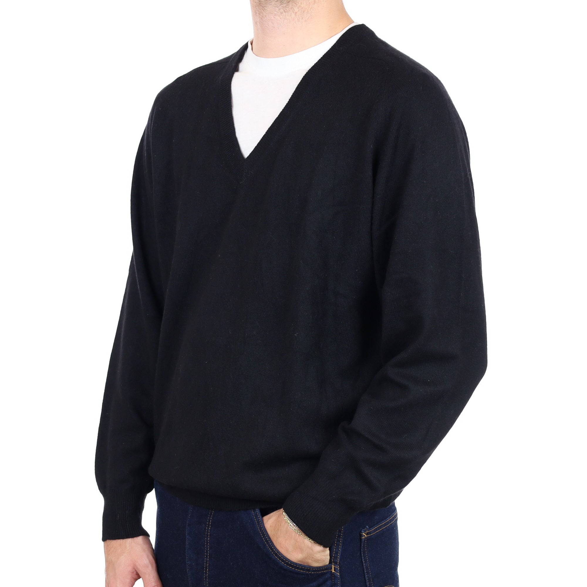 Men's Black Cashmere V Neck Jumper Large