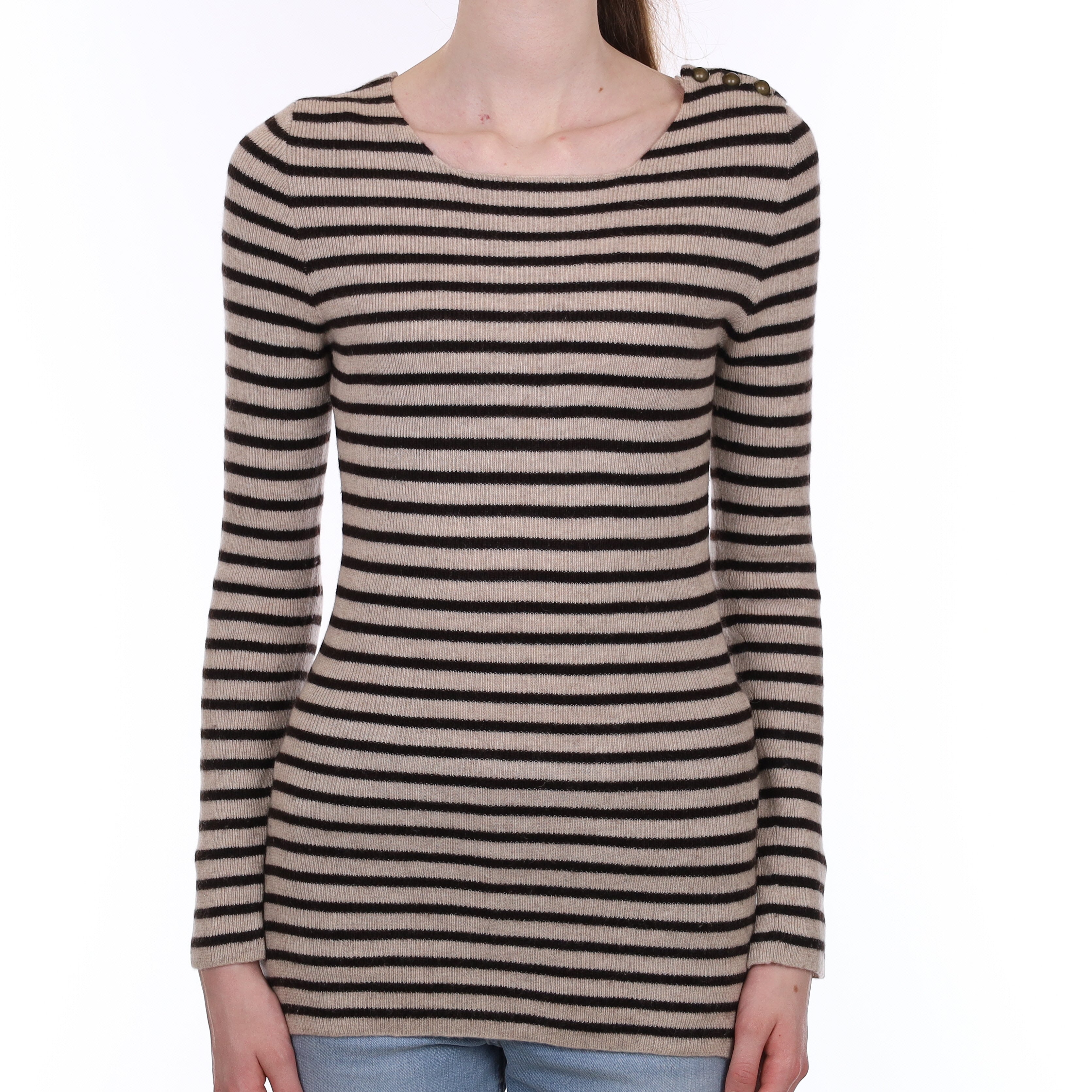 Beige and Black Striped Cashmere Crew Neck Jumper Extra Small