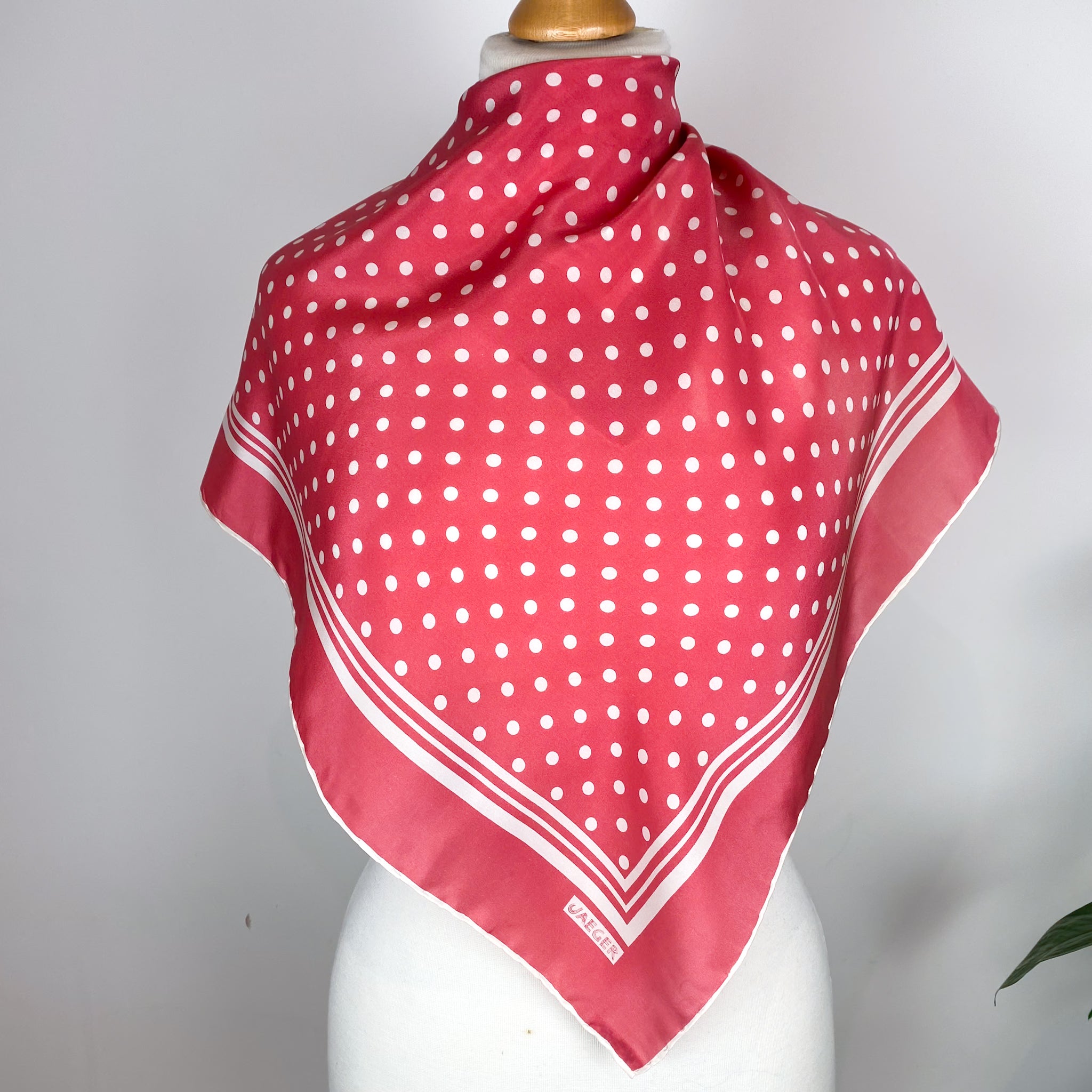 1970s Pink and White Spotty Jaeger Vintage Silk Scarf