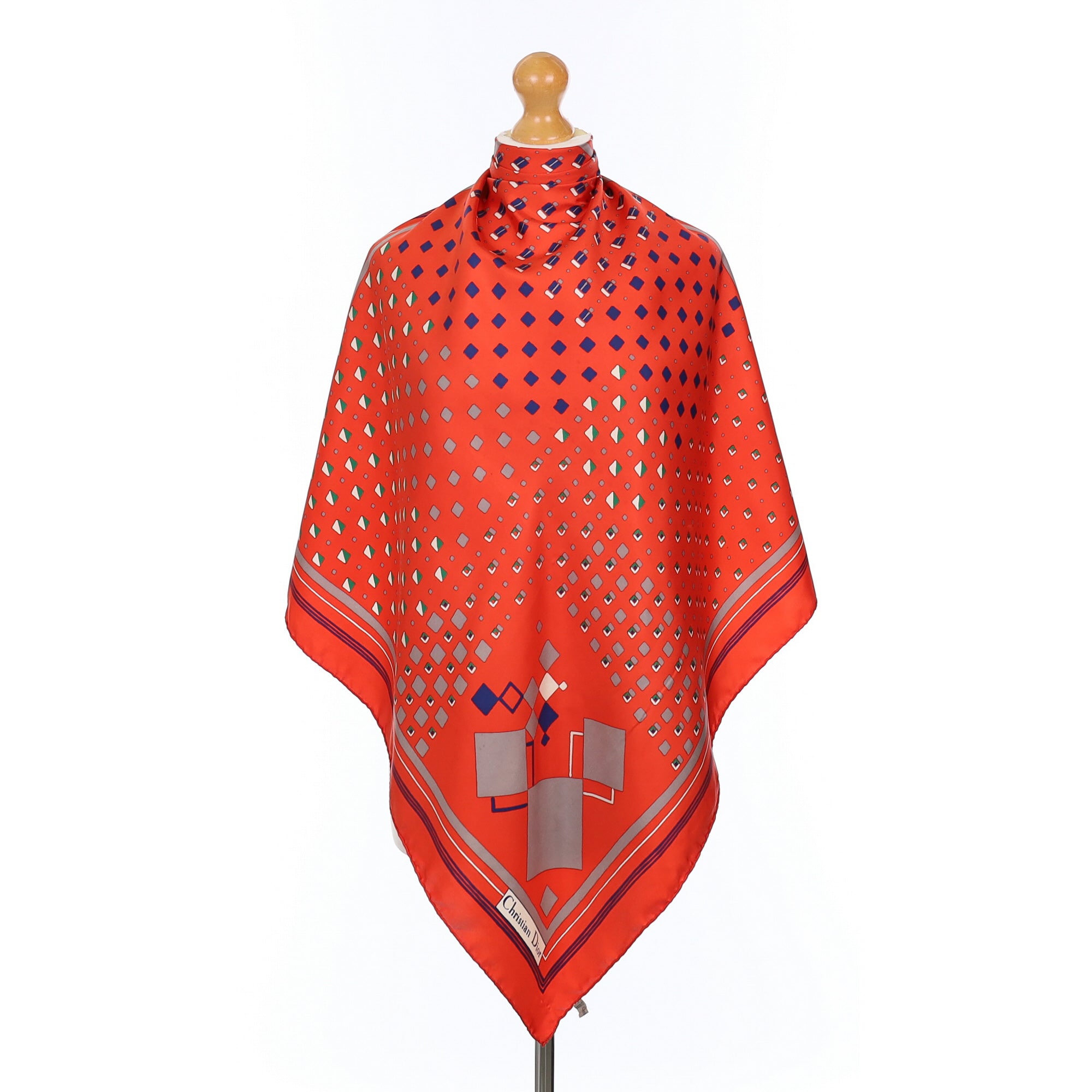 Christian Dior Red Geometric Design Silk Scarf