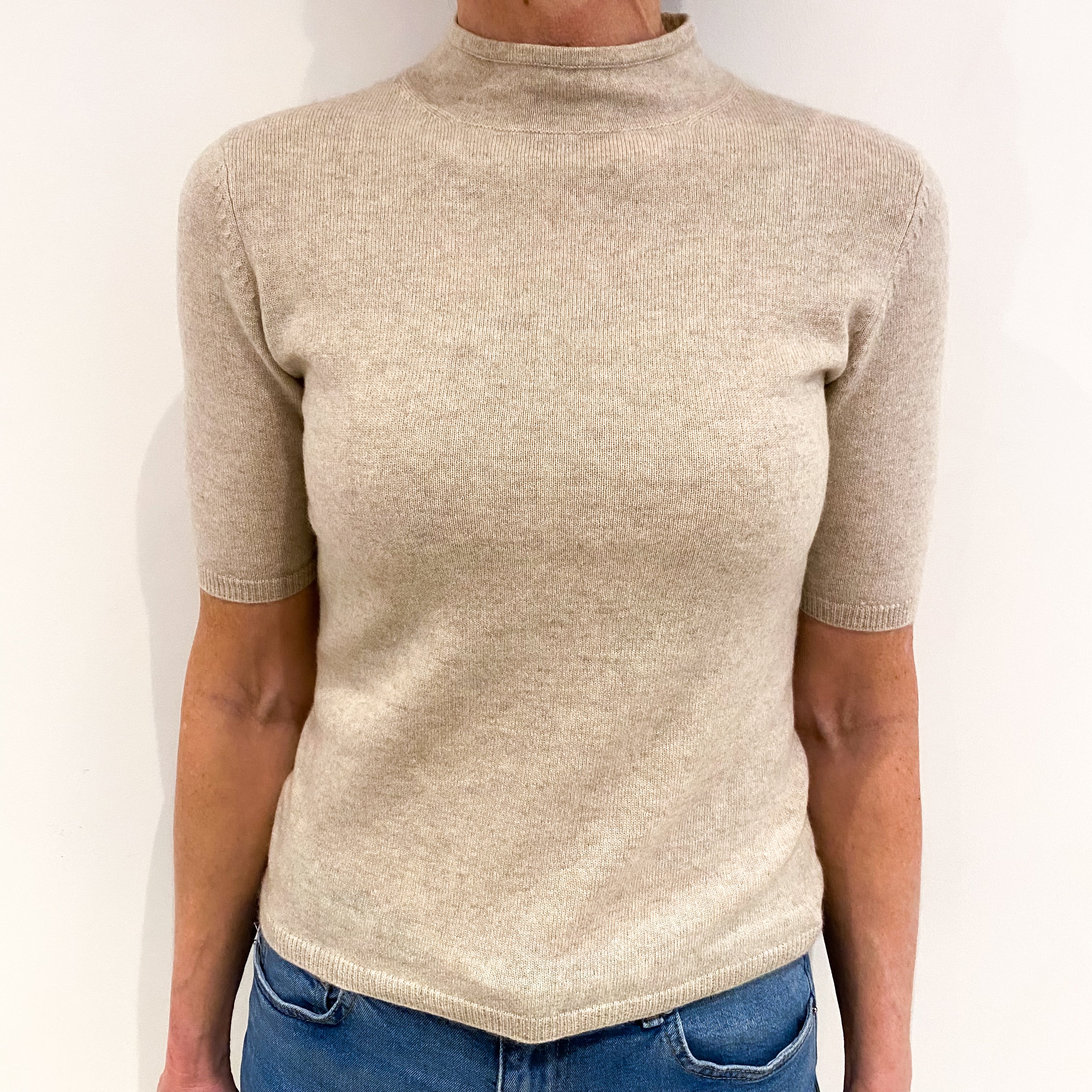 Oatmeal Beige Short Sleeved Cashmere Turtle Neck Jumper Small