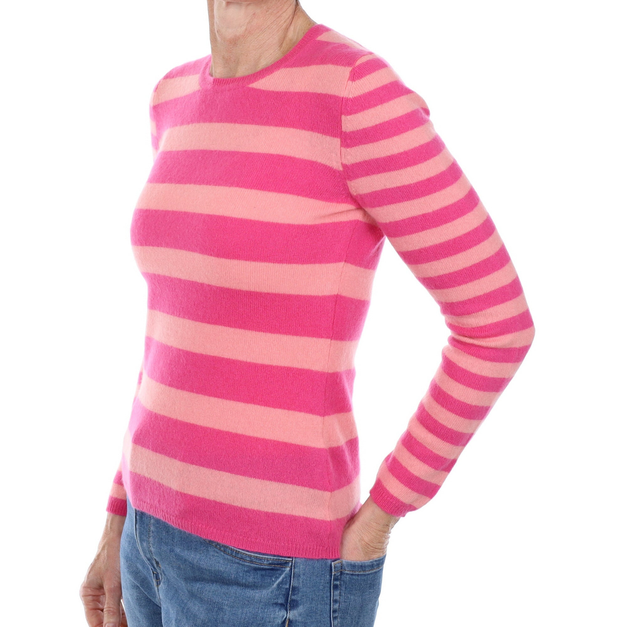 Rose Pink and Coral Striped Cashmere Crew Neck Jumper Small