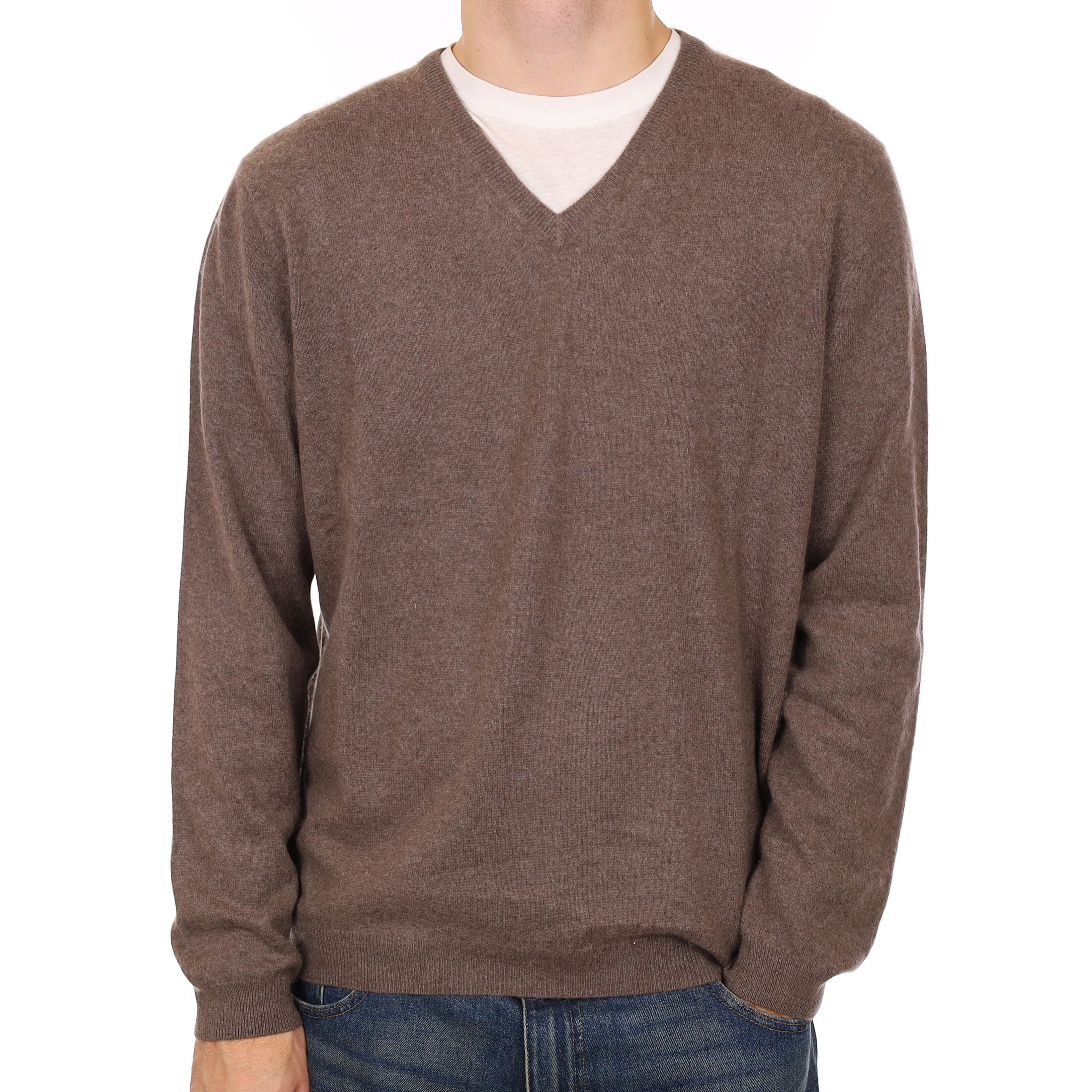 Men’s Mushroom Brown Cashmere V Neck Jumper Large