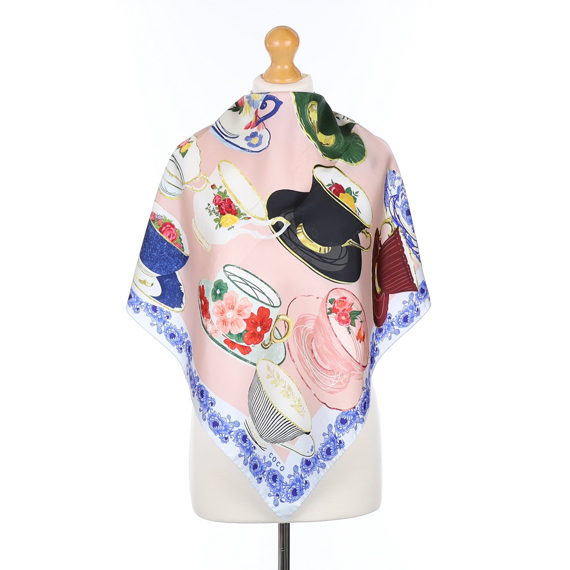 Teacup Patterned Pink Silk Scarf