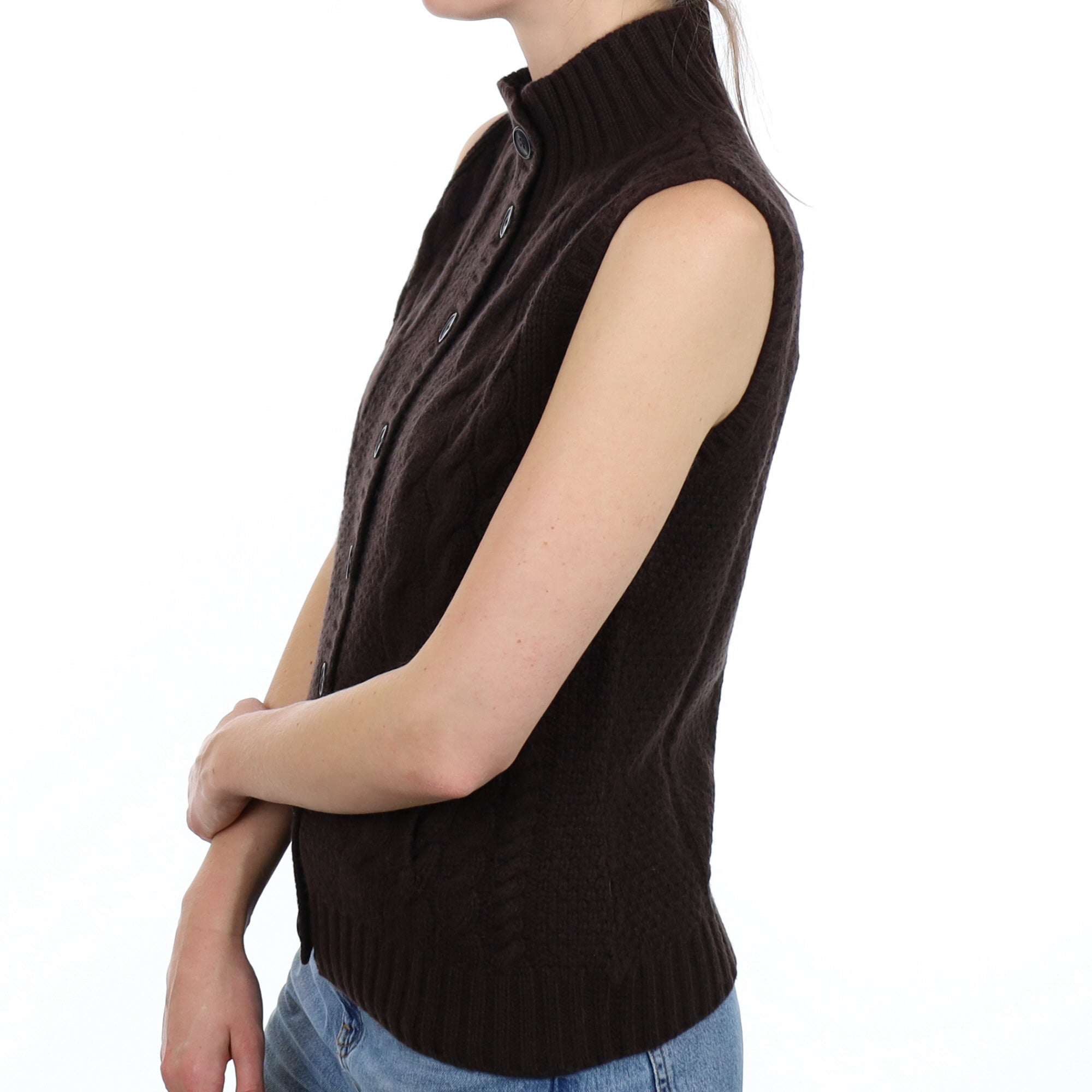 New Peppercorn Brown Cable Cashmere Turtle Neck Gilet Small
