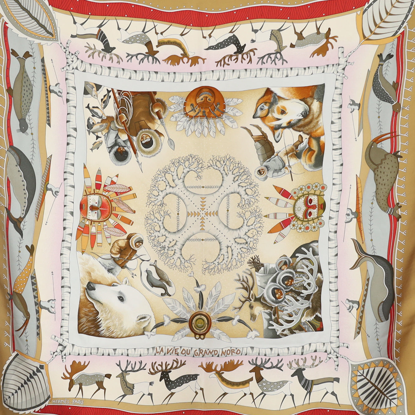 Boxed Hermès La Vie Du Grand Nord Silk Scarf Grail