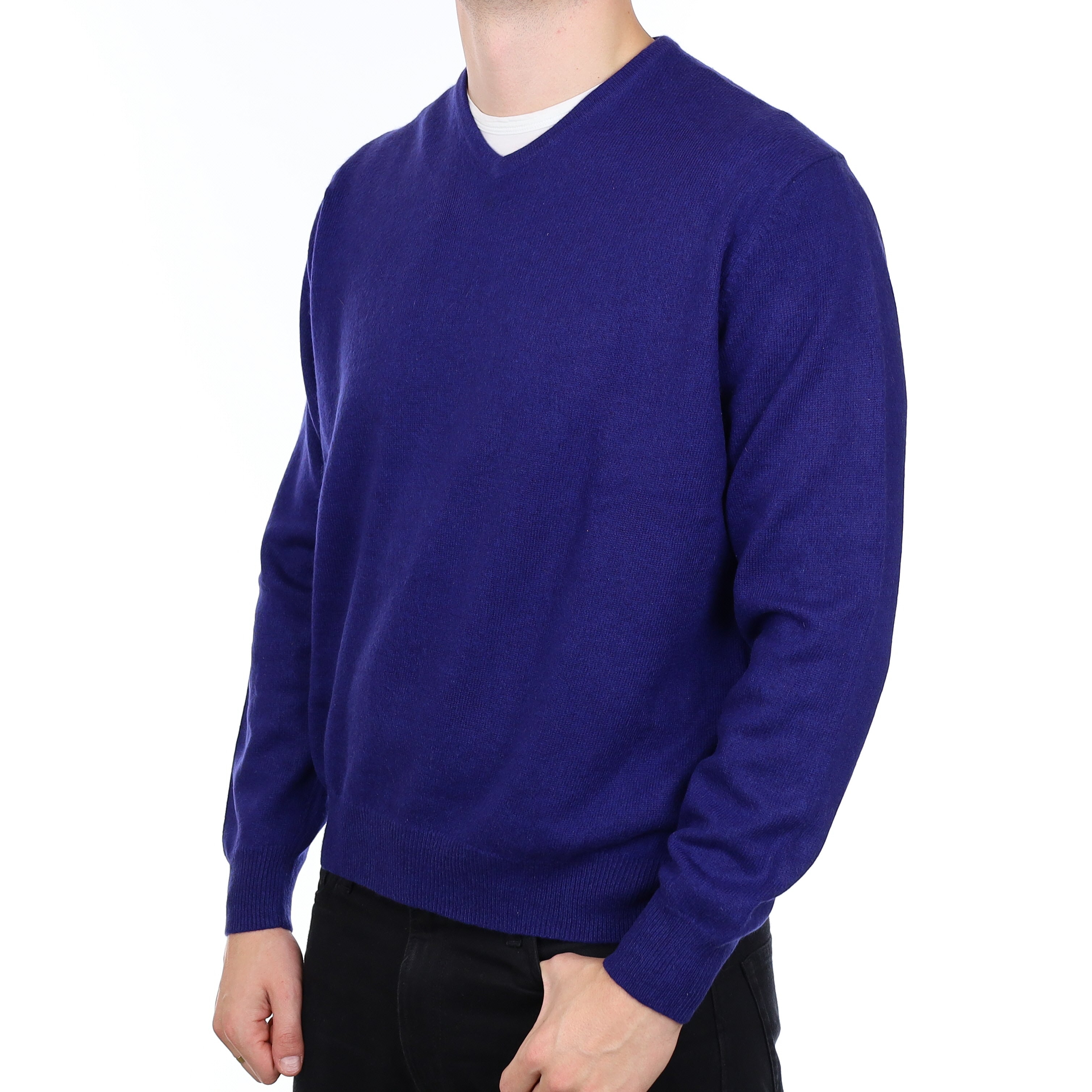 Men’s Indigo Blue Cashmere V Neck Jumper XXL