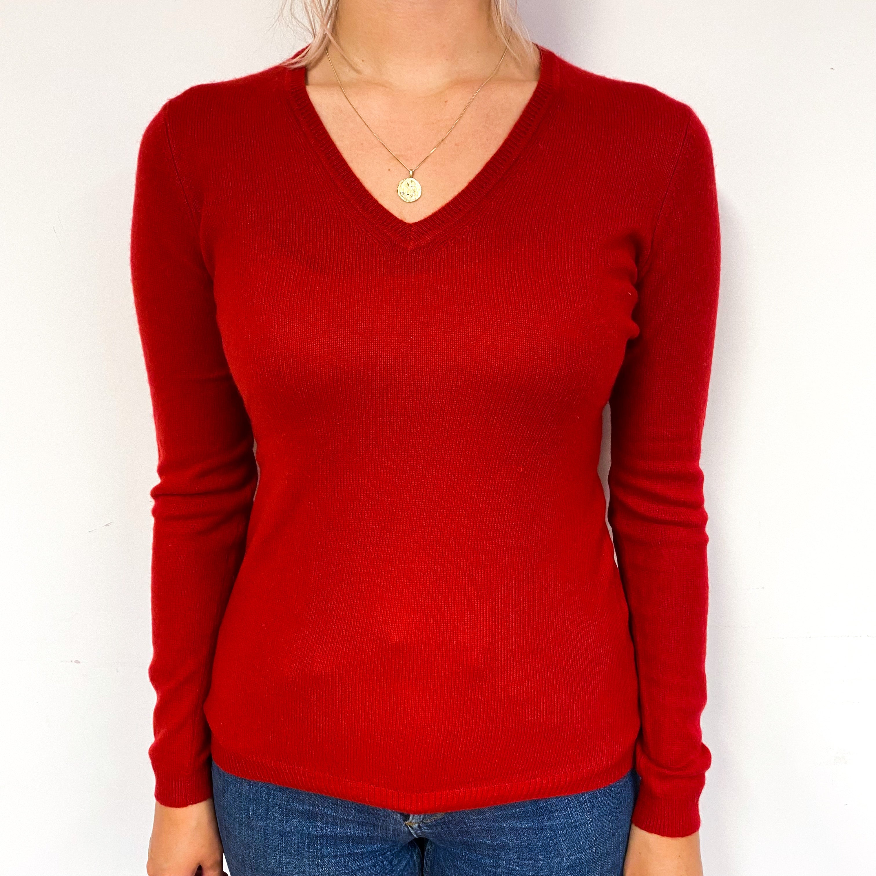 Post Box Red Lightweight Cashmere V-Neck Jumper Small