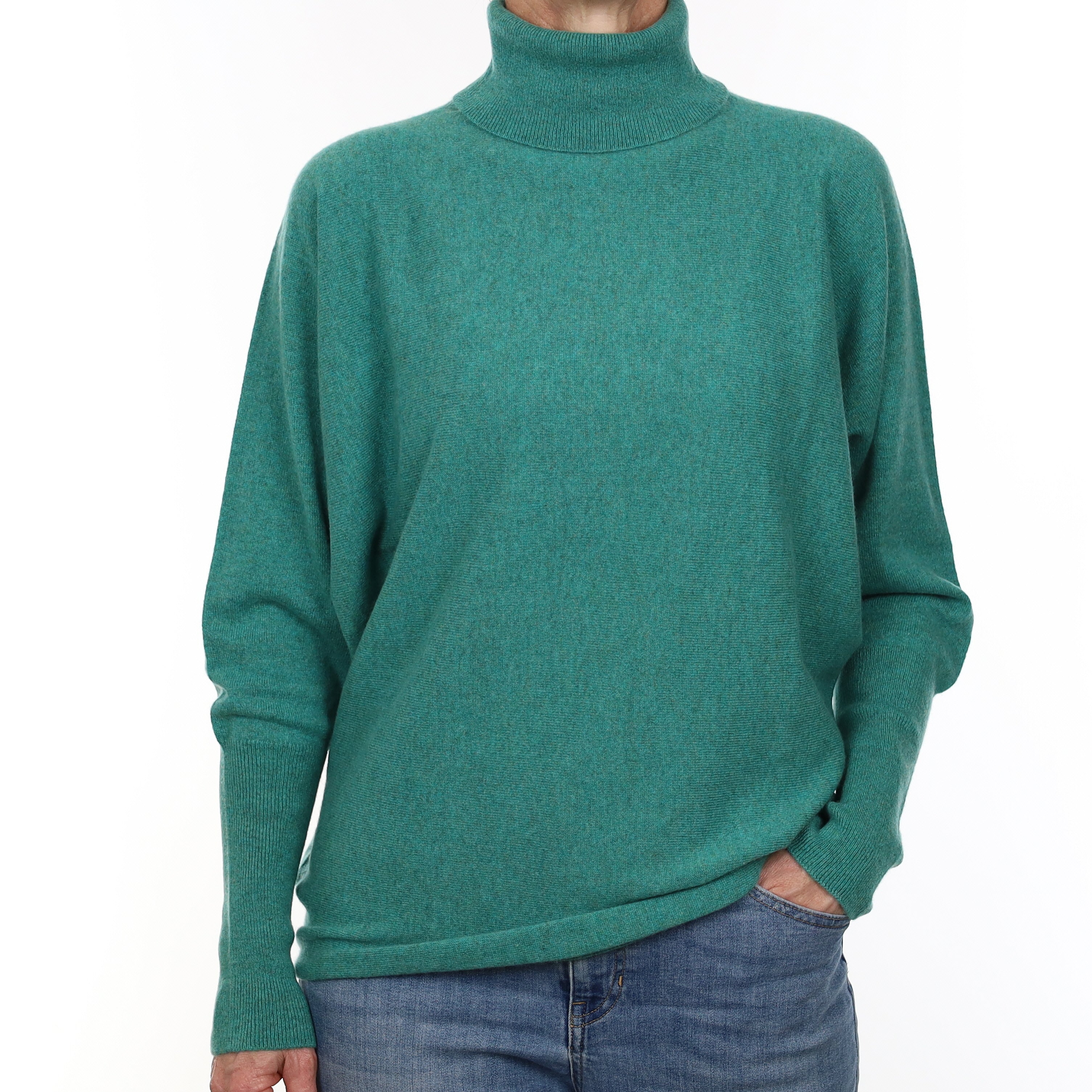 Brand New Scottish Turquoise Green Cashmere Batwing Polo Neck Jumper Small