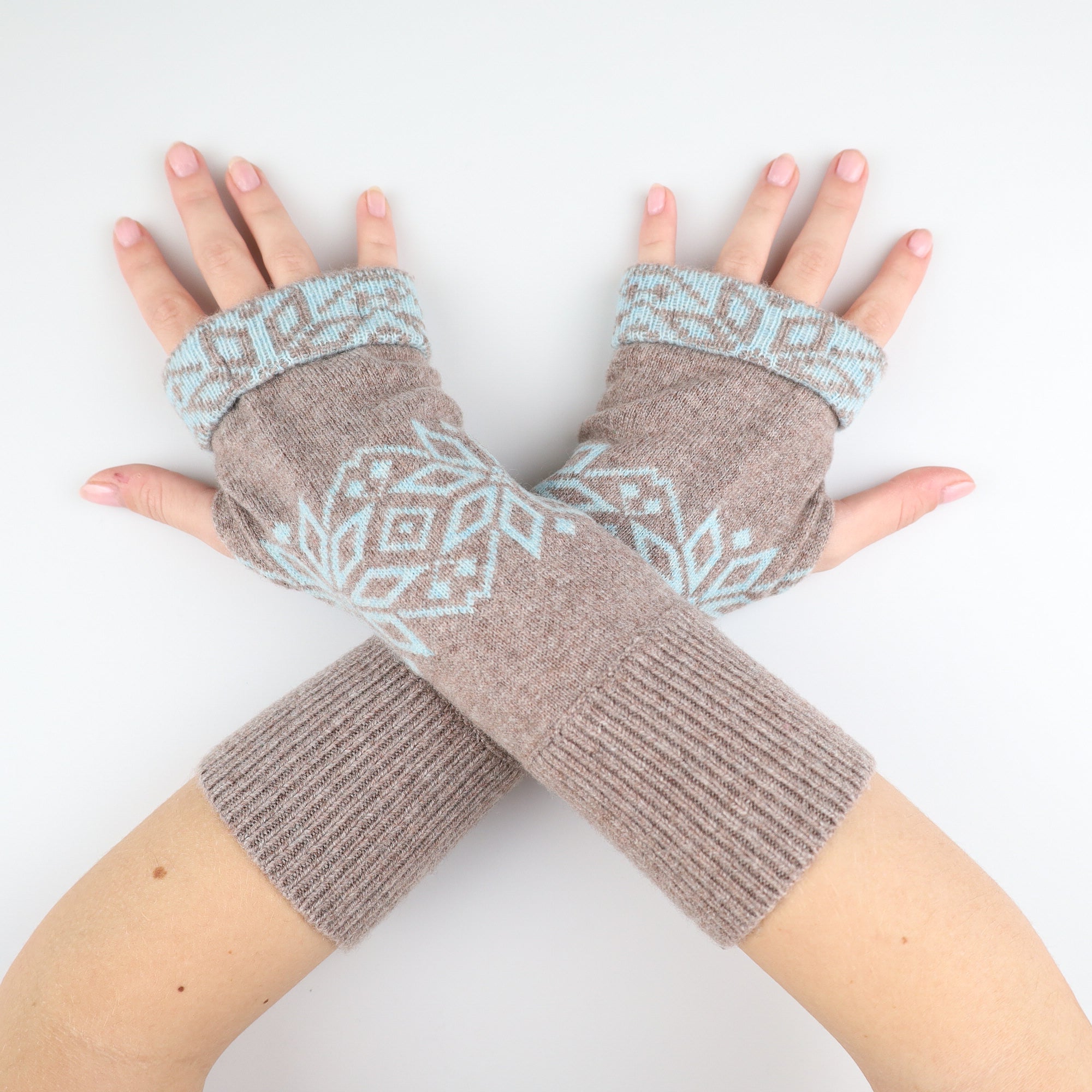 Mocha and Green Snowflake Patterned Fingerless Gloves