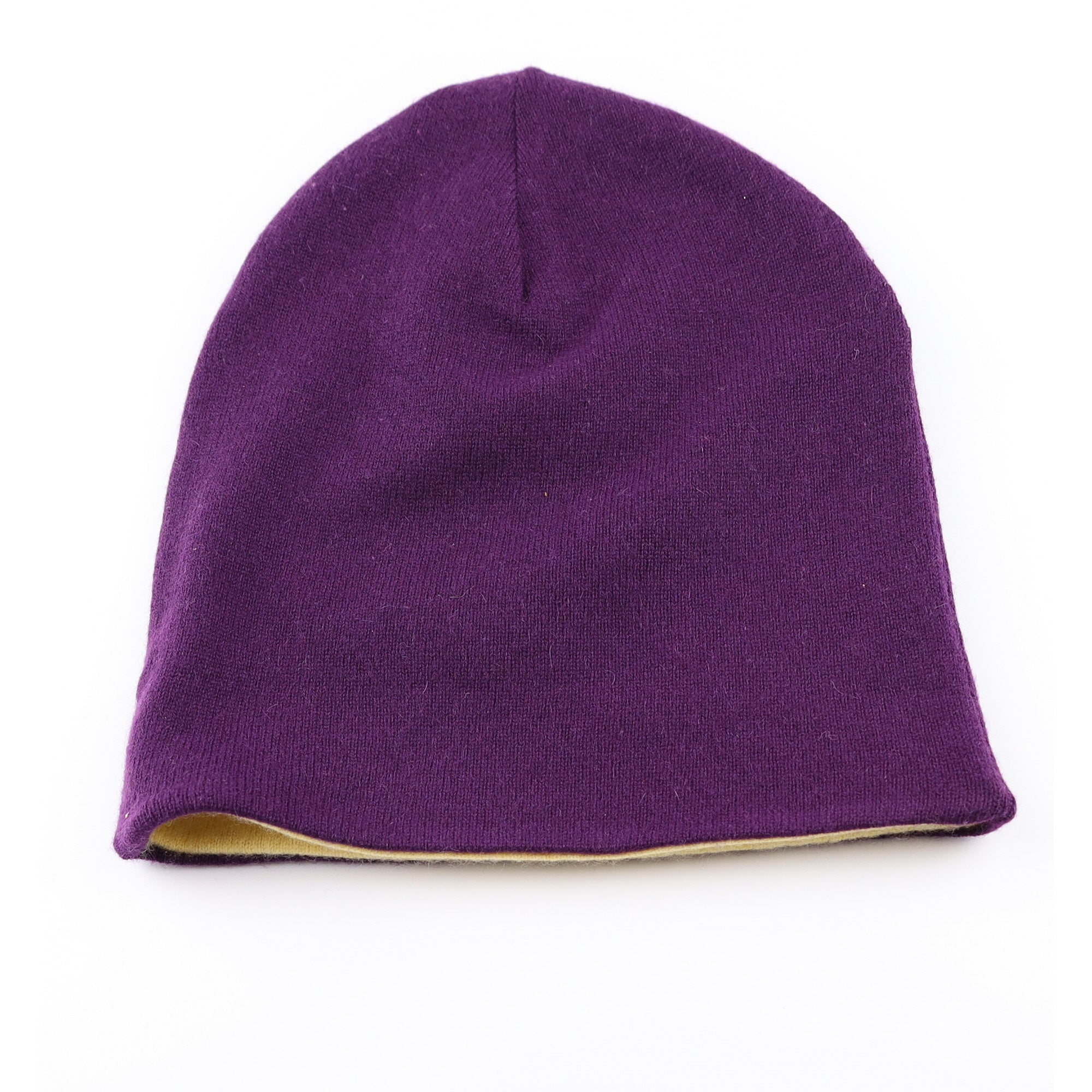 Aubergine Purple and Yellow Reversible Cashmere Beanie Hat