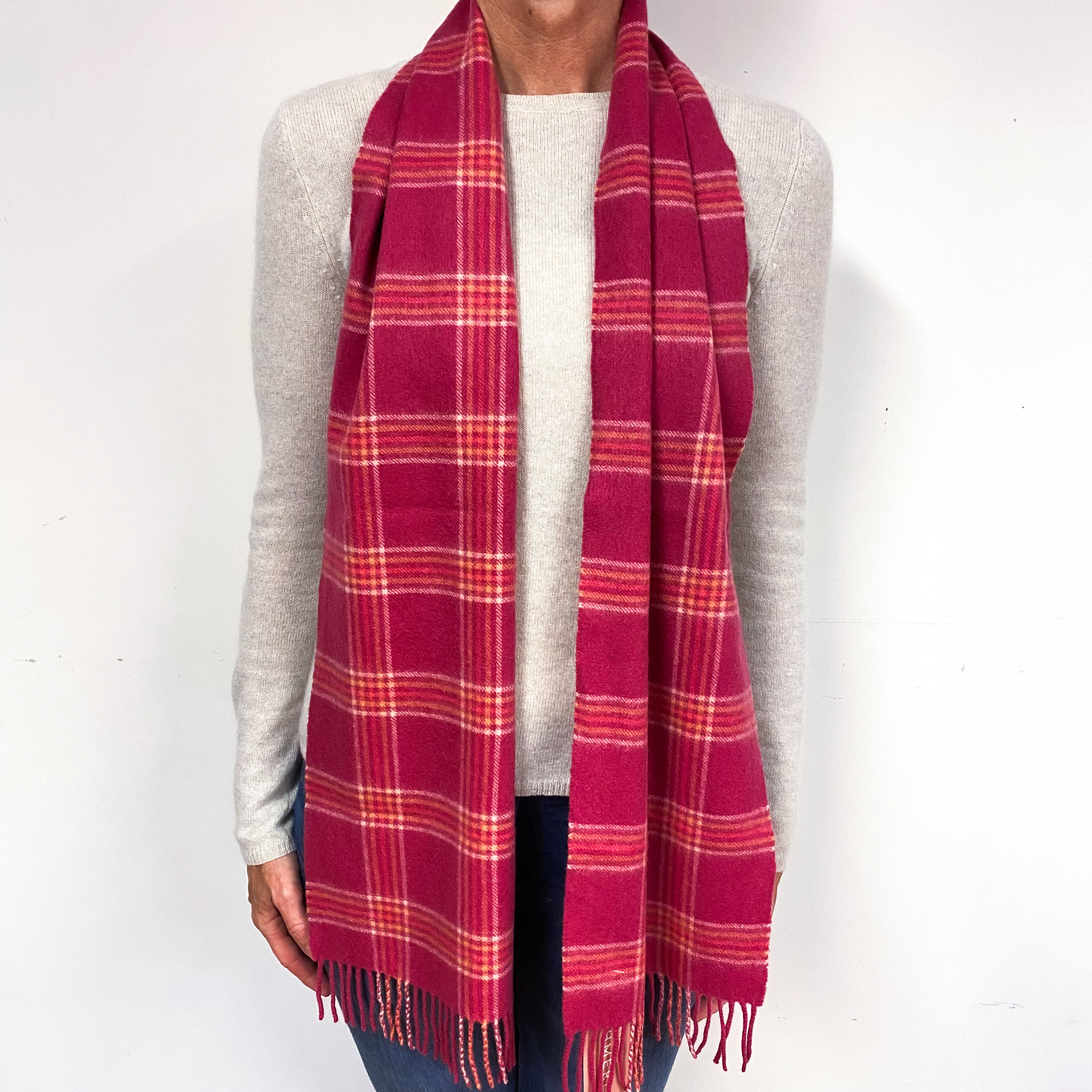 Crushed Raspberry and Mango Orange Checked Fringed Cashmere Woven Scarf