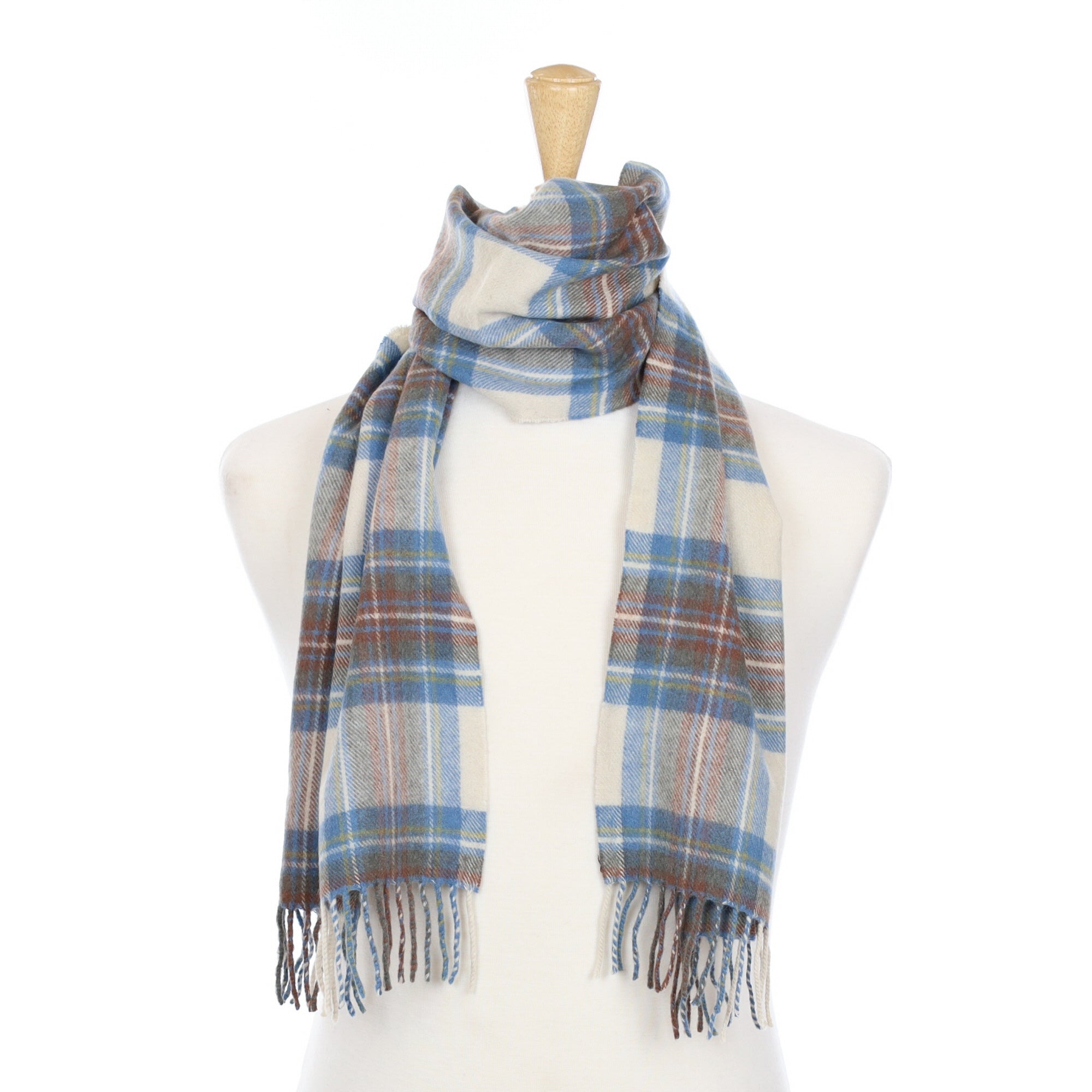 Denim Blue and Cream Checked Cashmere Fringed Woven Scarf