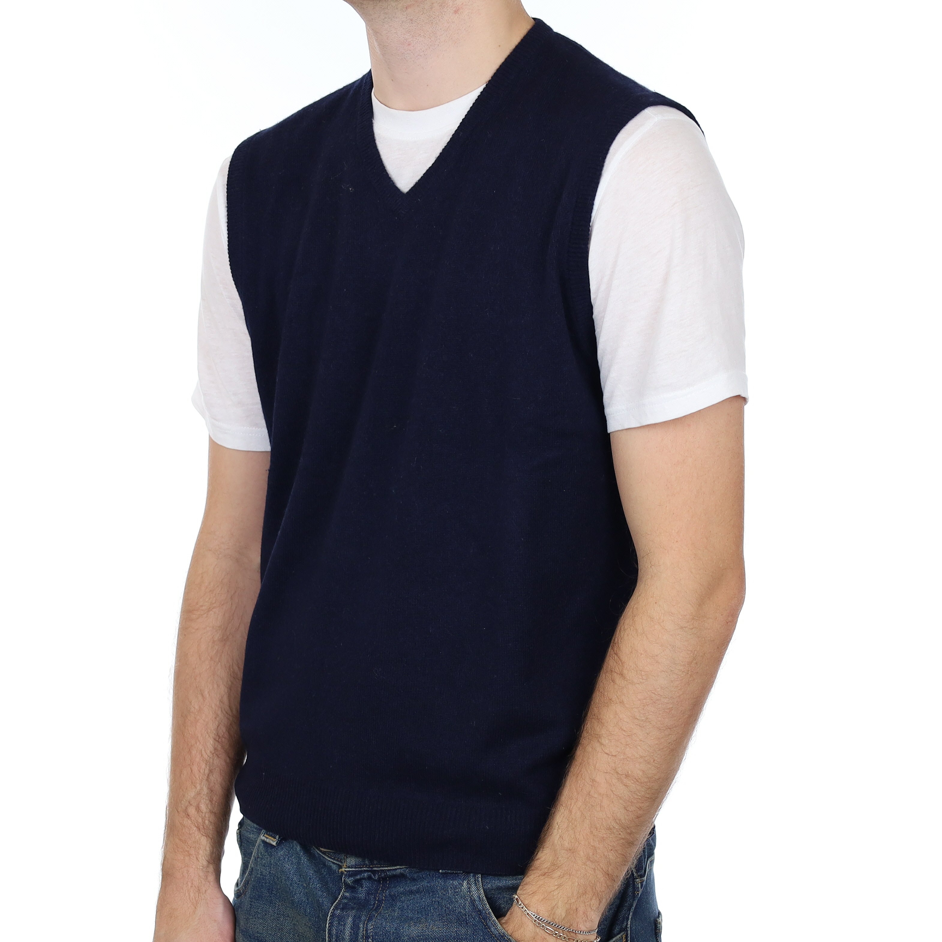 Men’s Navy Cashmere V Neck Tank Top Large