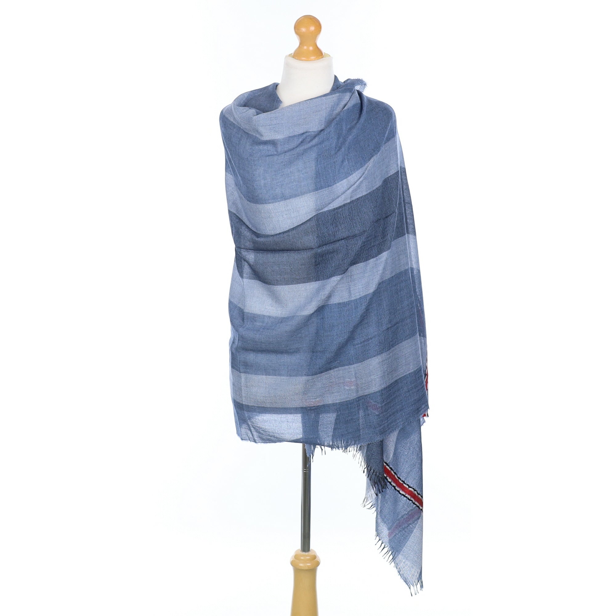 Scottish Begg & Co Denim Blue Striped Fine Woven Cashmere & Silk Wrap