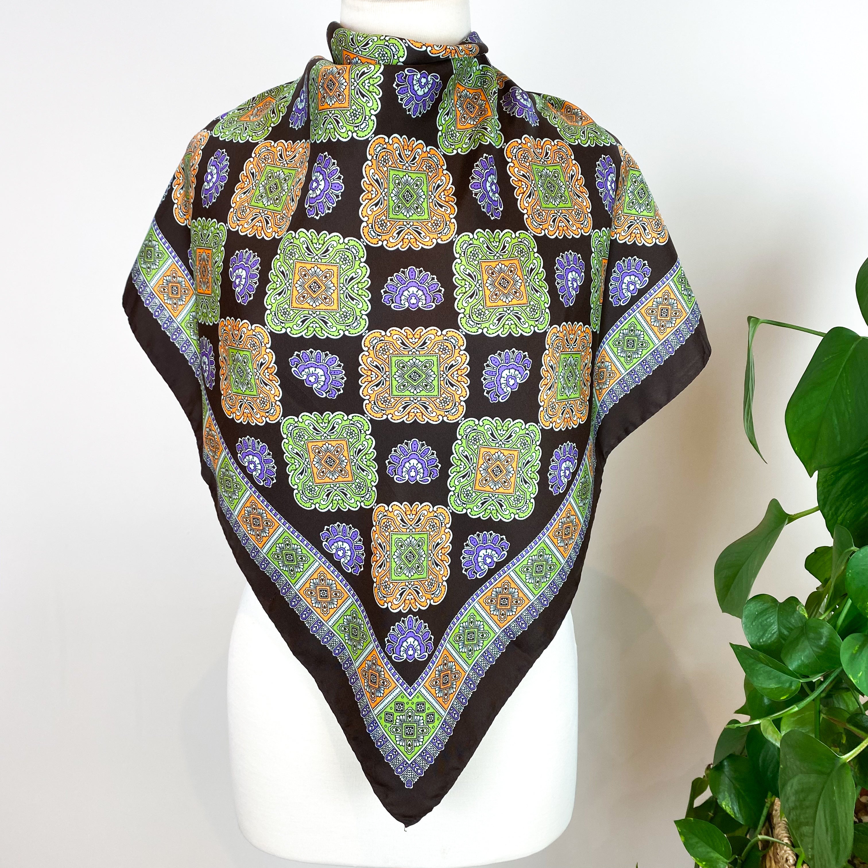 Abstract Square Pattern Vintage Silk Scarf
