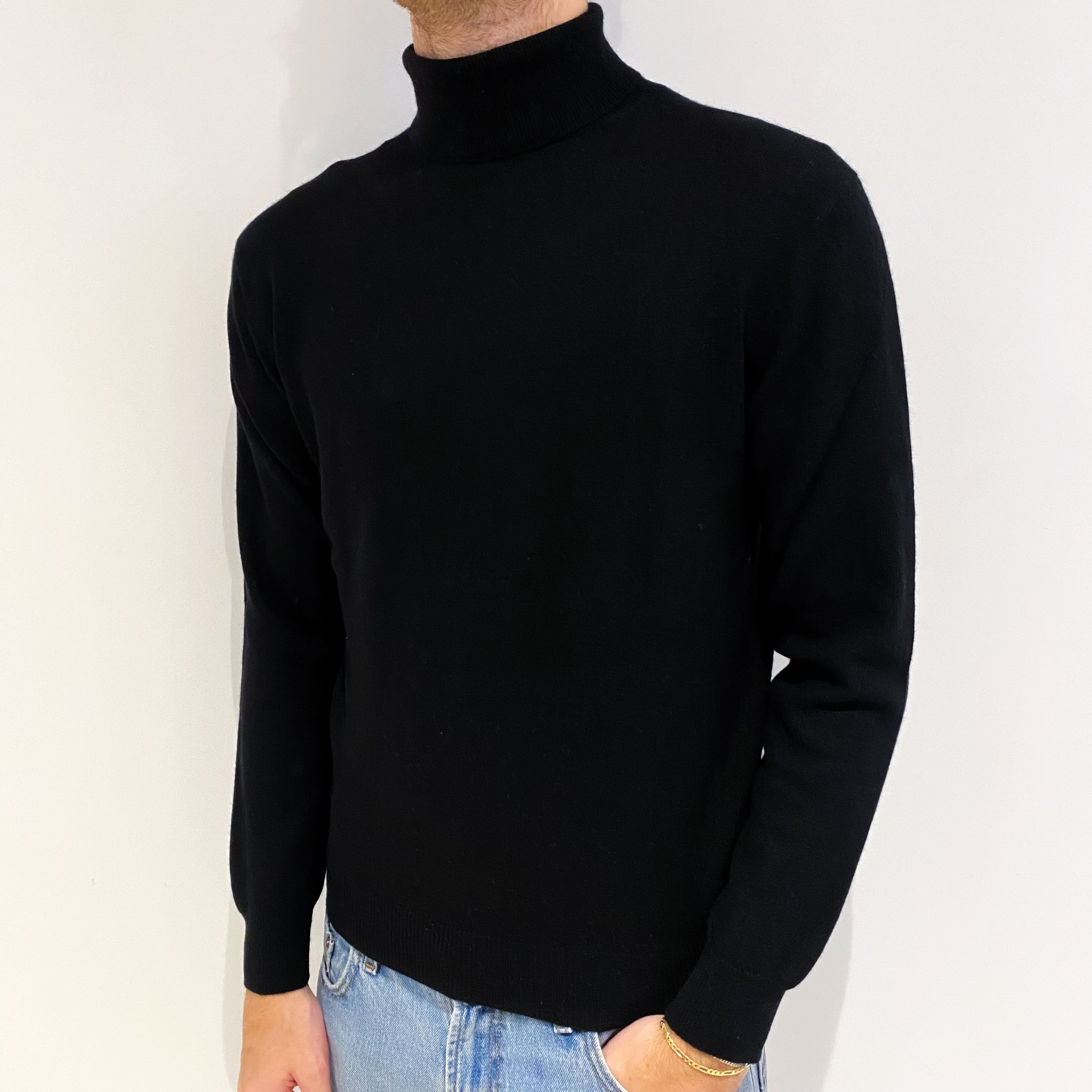 Men's Black Cashmere Polo Neck Jumper Medium
