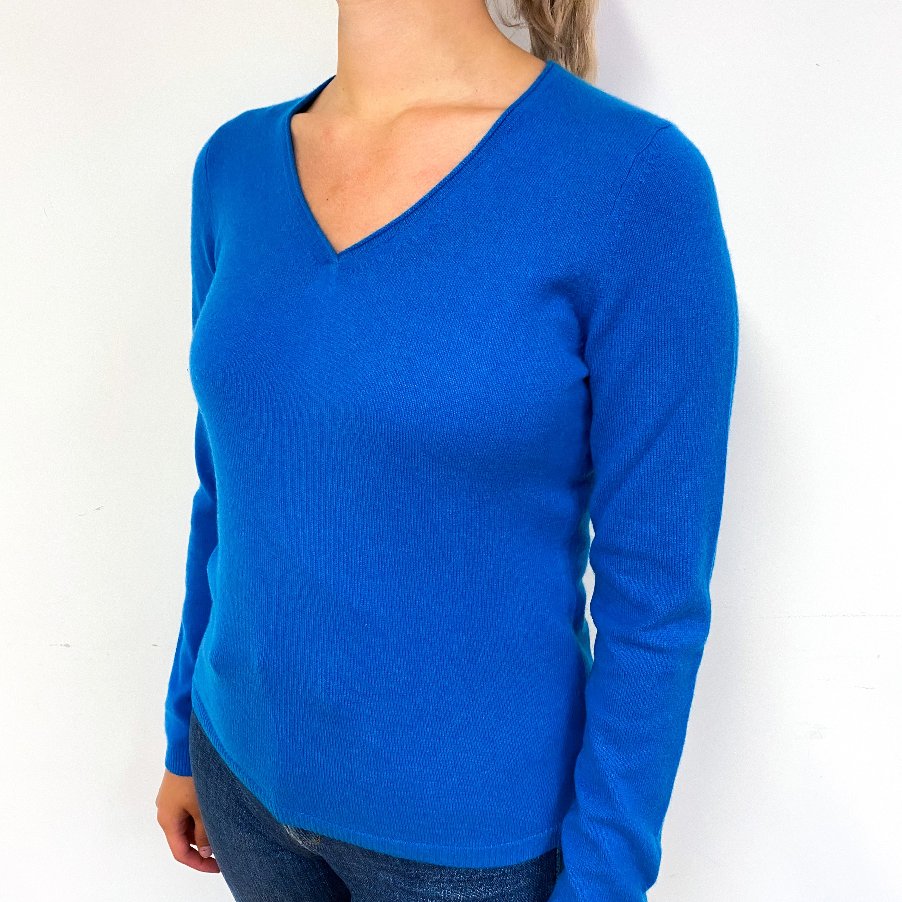 New Ocean Blue Cashmere V-Neck Jumper Small