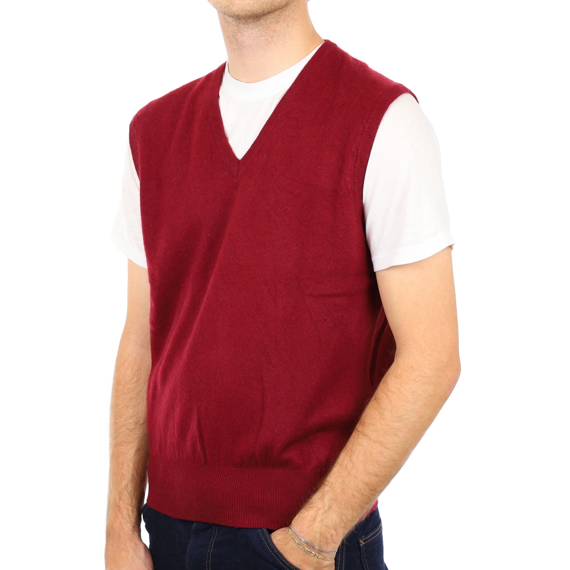 Men's Burgundy Red Cashmere V Neck Tank Top Large
