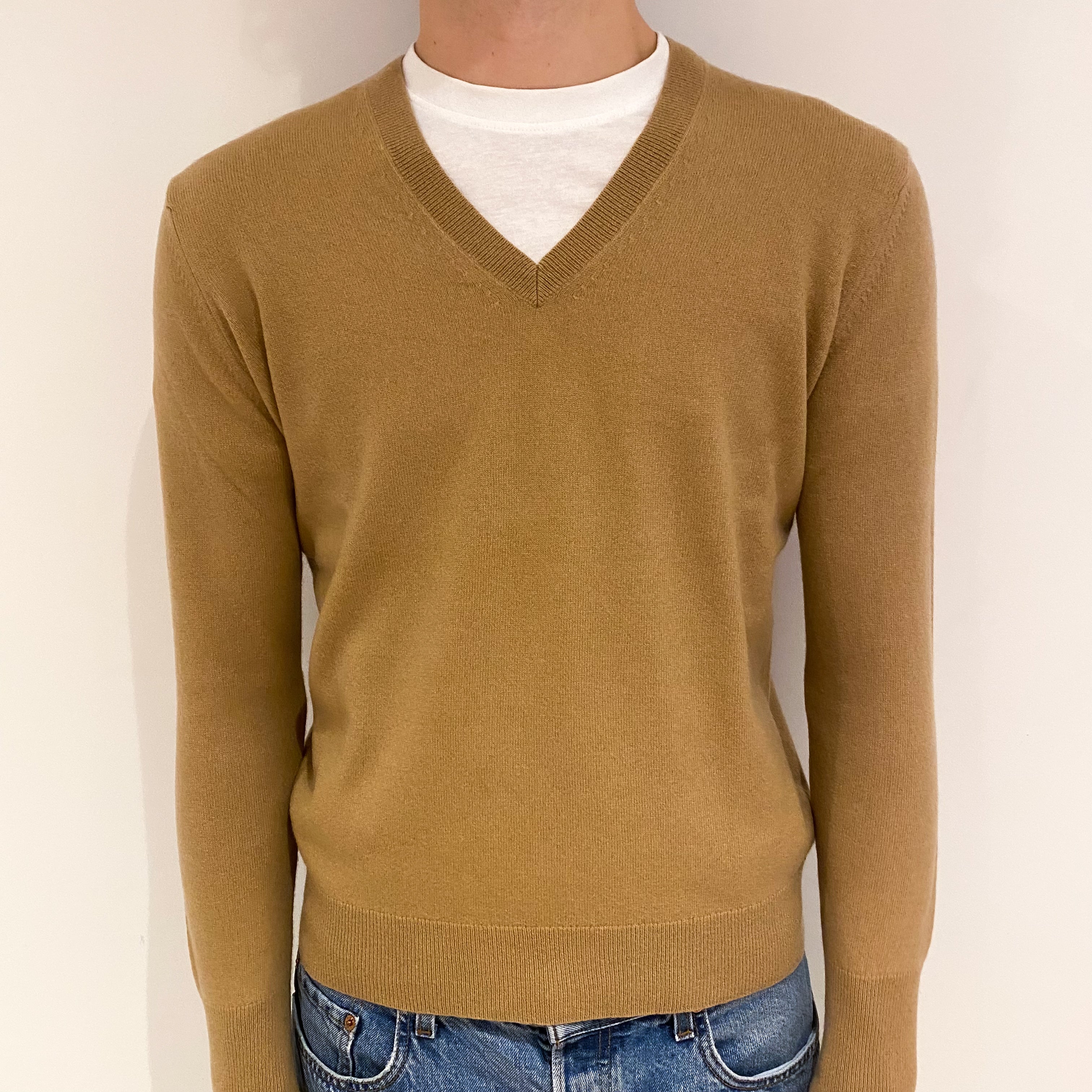 Men's Camel Brown Cashmere V Neck Jumper Large