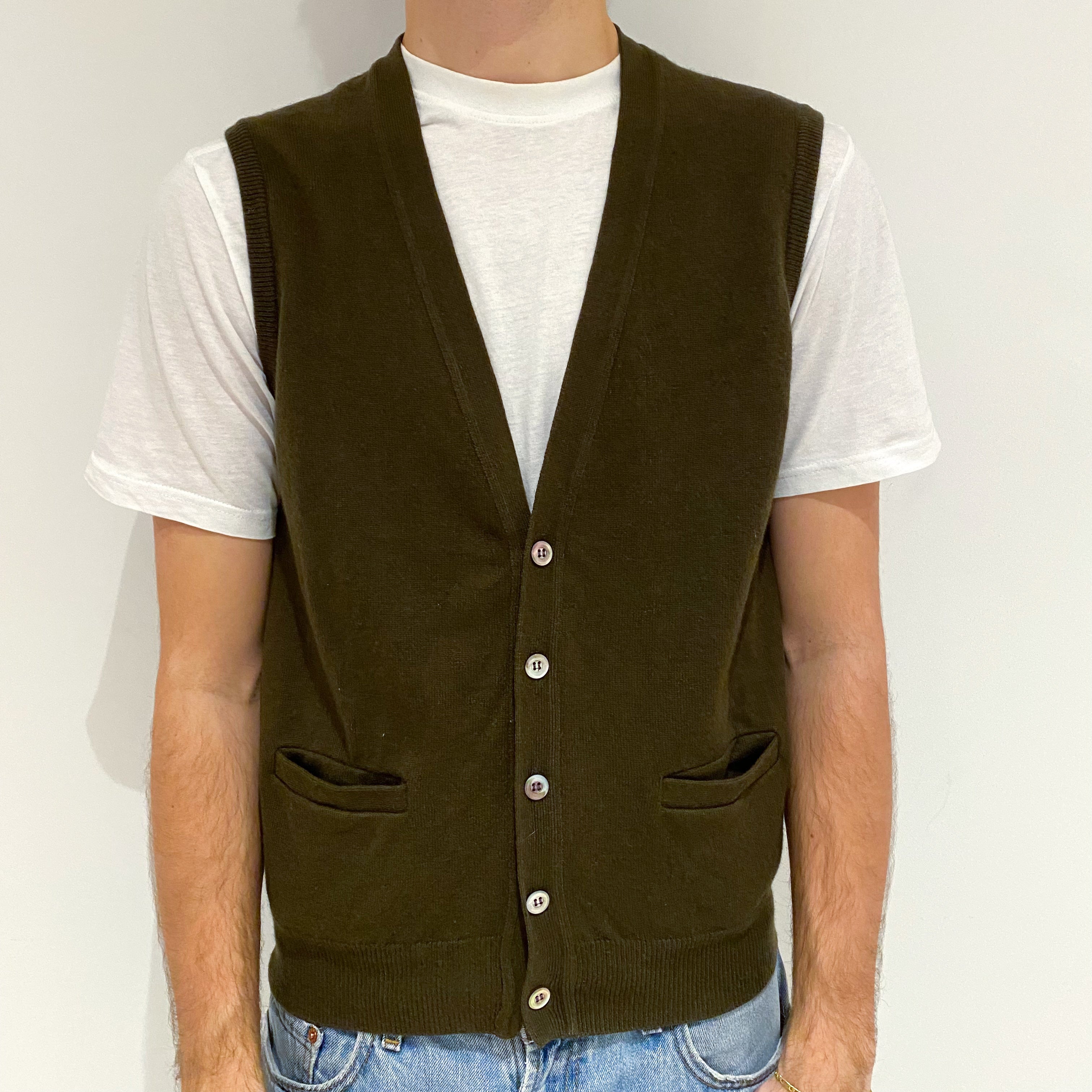 Men's Deep khaki Green Cashmere V-Neck Gilet with Pockets Large