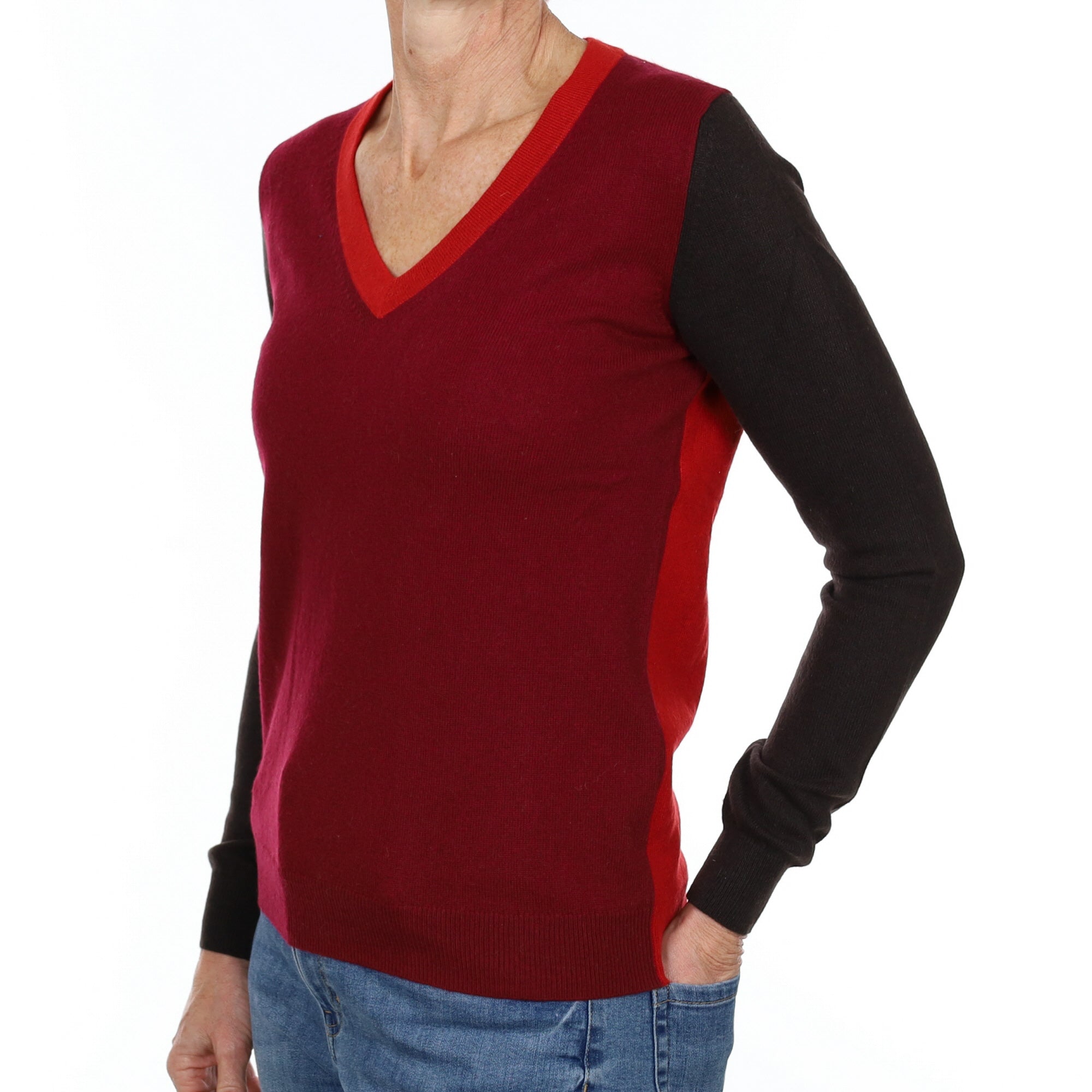 Burgundy Colour Block Cashmere V Neck Jumper Small