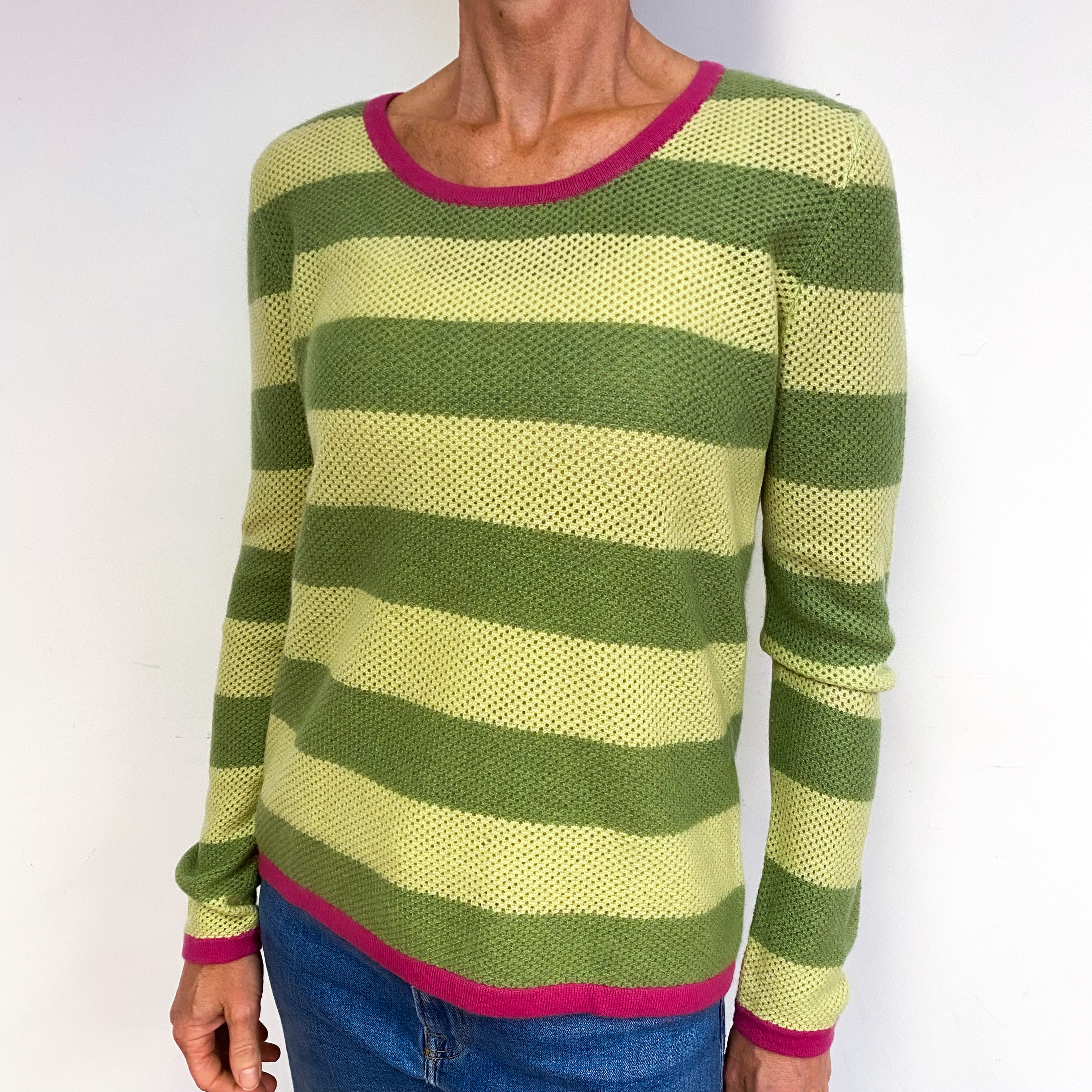 Green Stripe Waffle Cashmere Crew Neck Jumper Medium