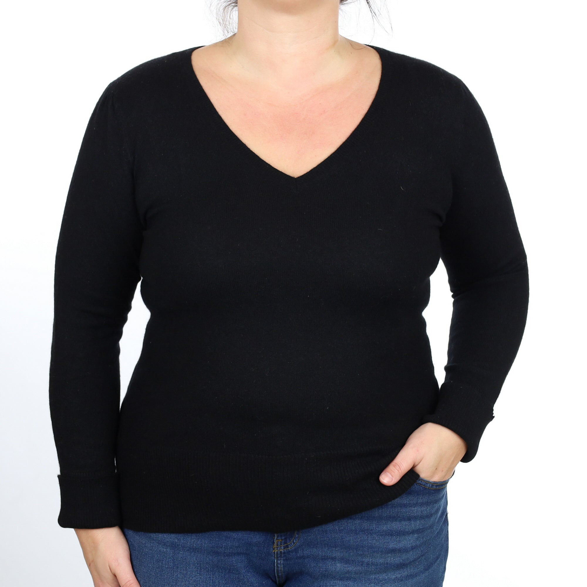Black Cashmere V Neck Jumper Large