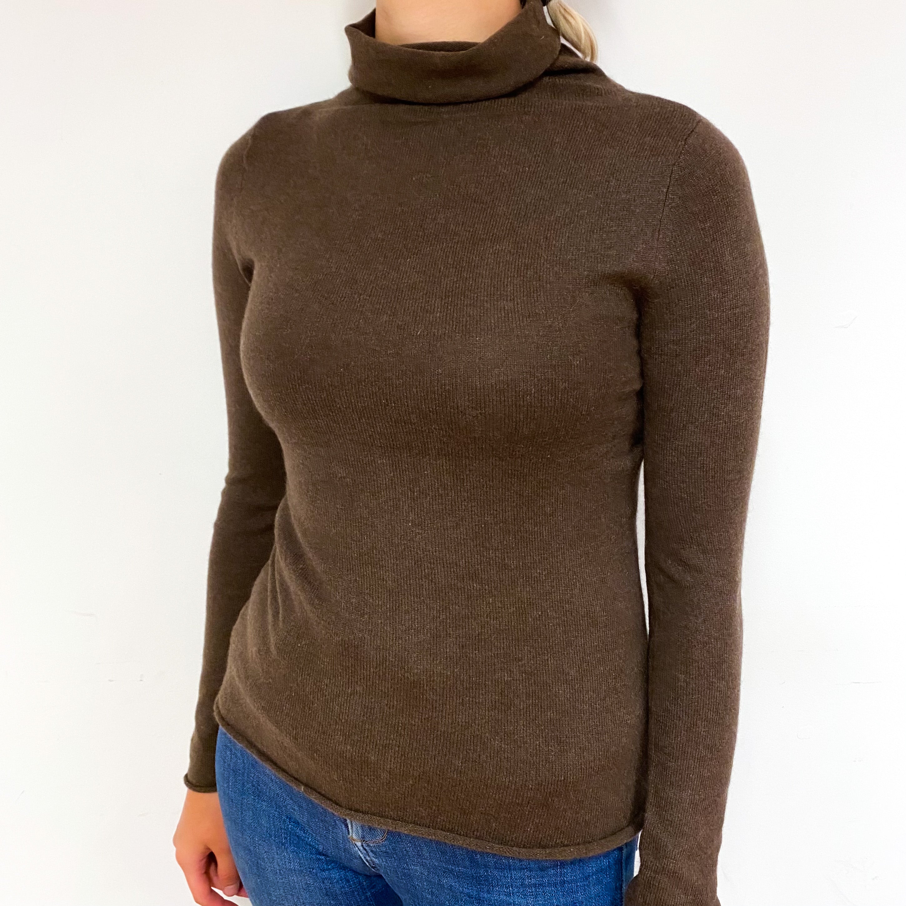 Umber Brown Cashmere Polo Neck Jumper Small