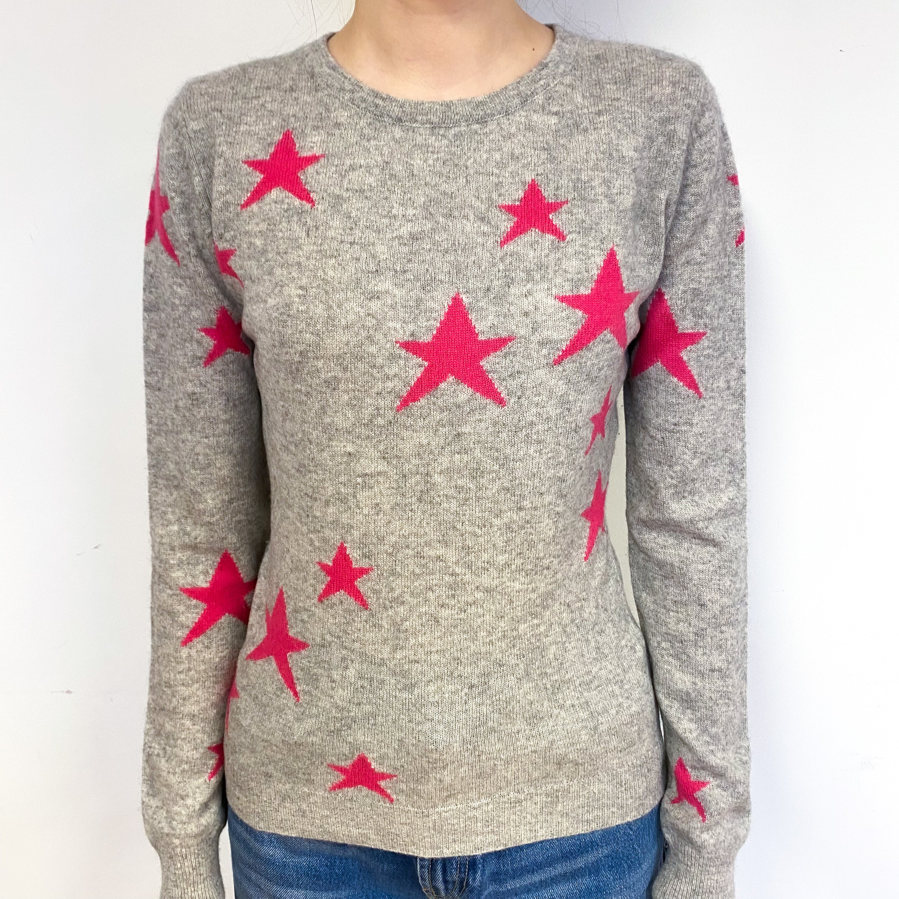 Smoke Grey Pink Star Cashmere Crew Neck Jumper Extra Small