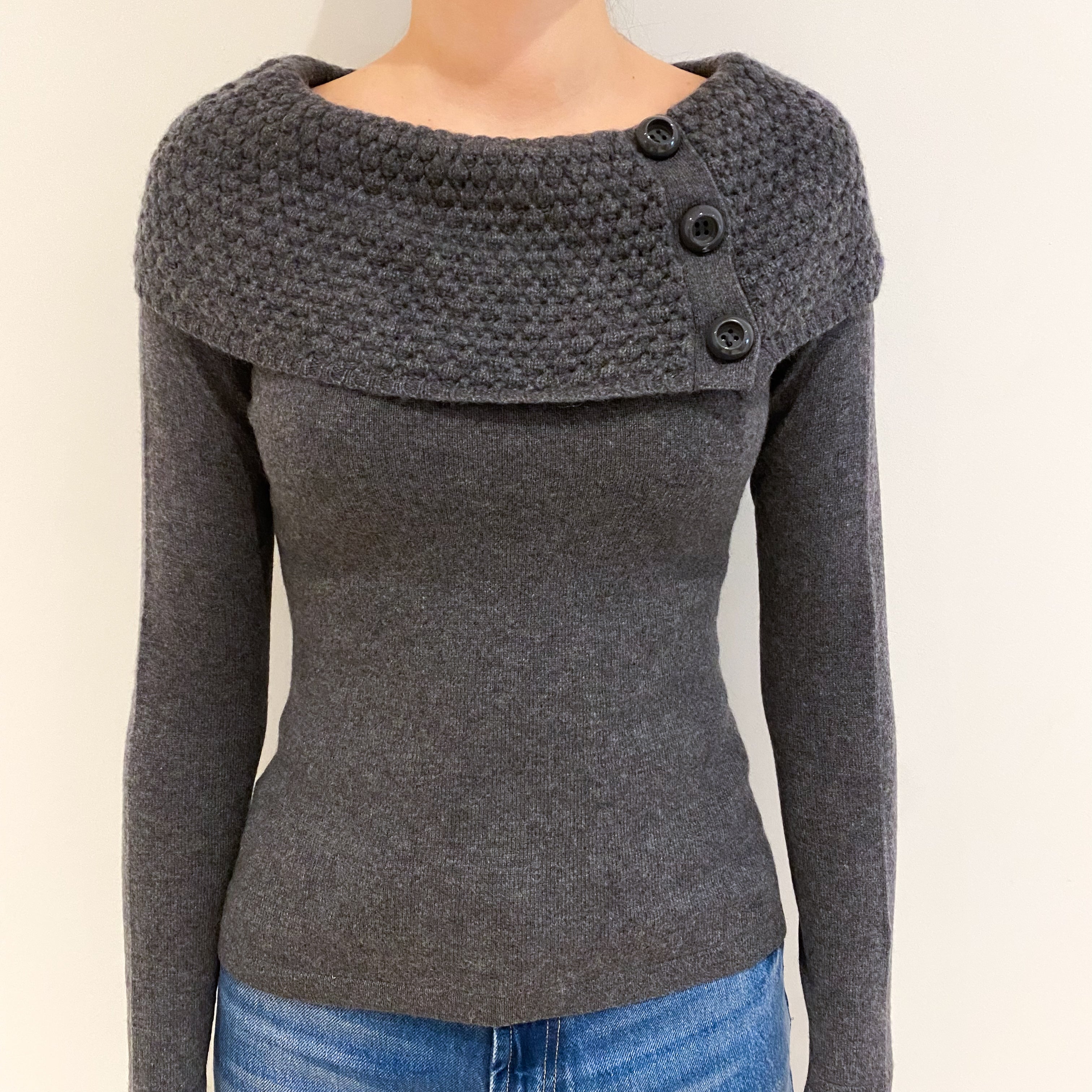 Slate Grey Textured Shawl Cashmere Slash Neck Jumper Extra Small
