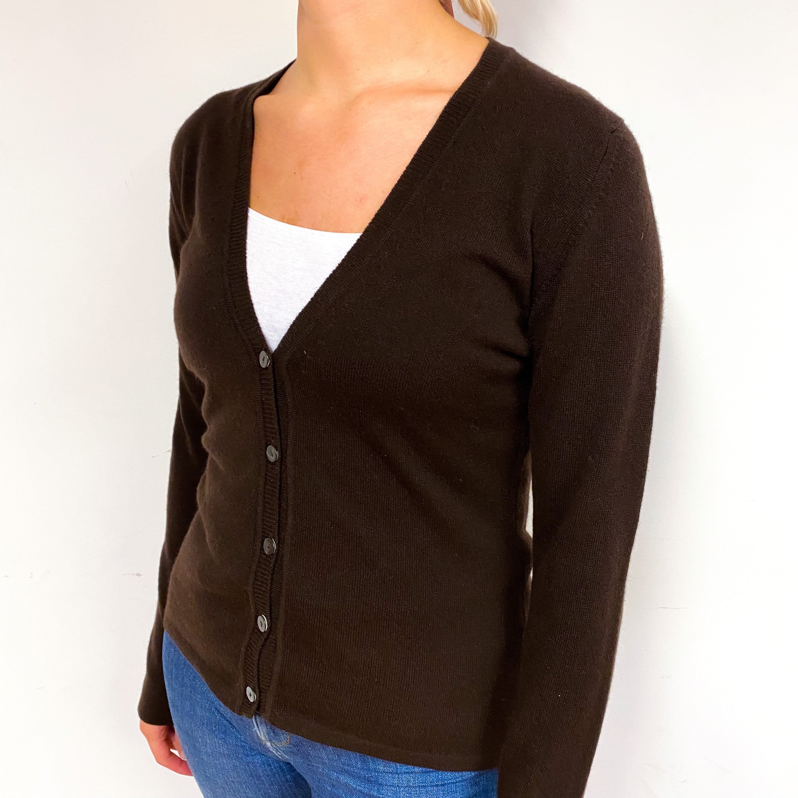 Scottish Peppercorn Brown Cashmere V-Neck Cardigan Small