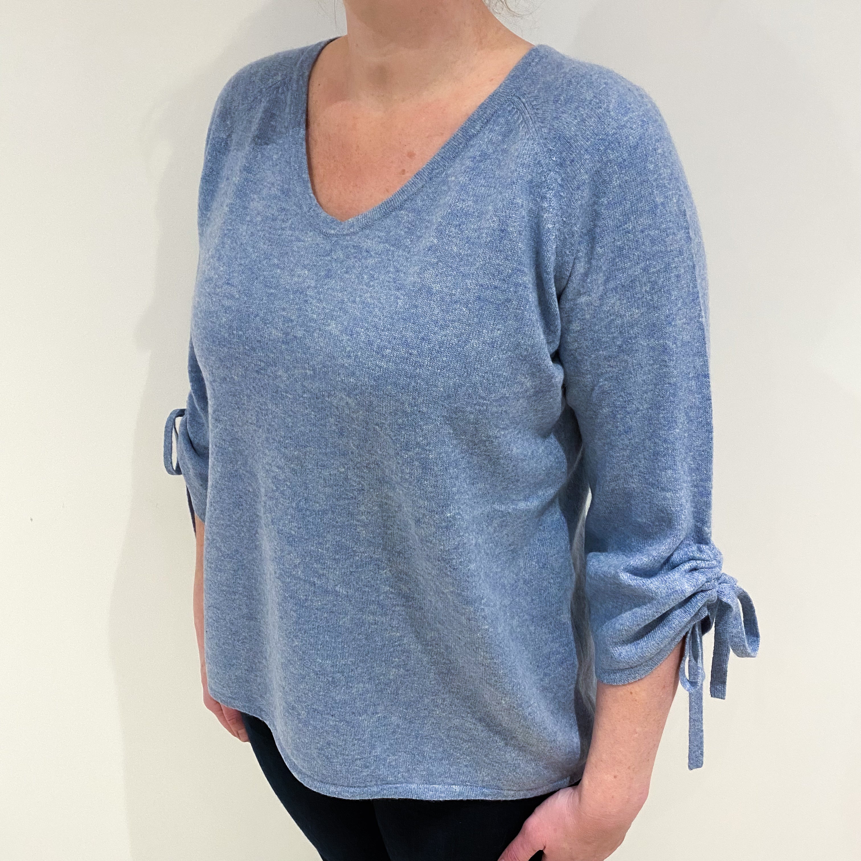 Sky Blue Cashmere Tie Sleeve V Neck Jumper Large