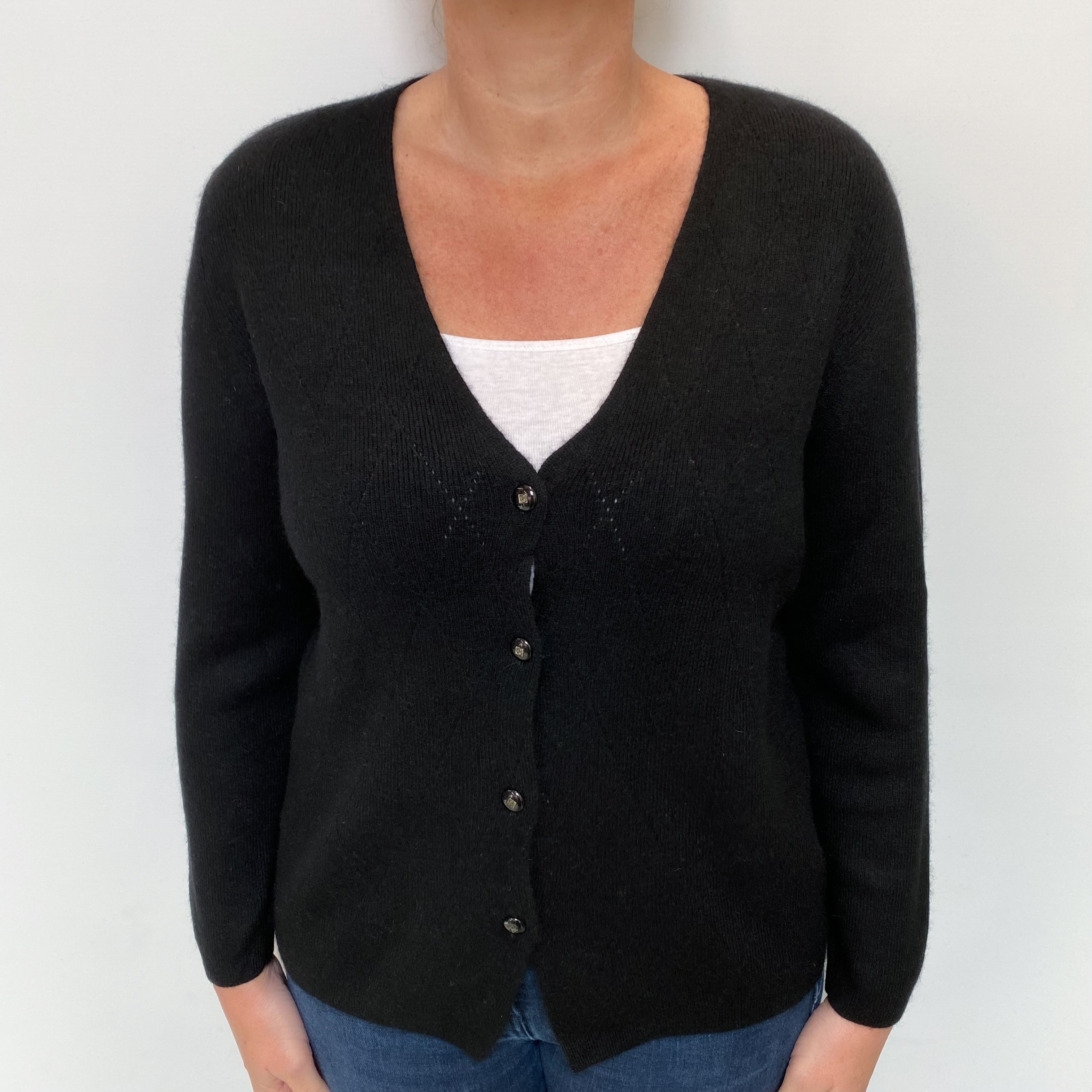 Black Cashmere V Neck Cardigan Large