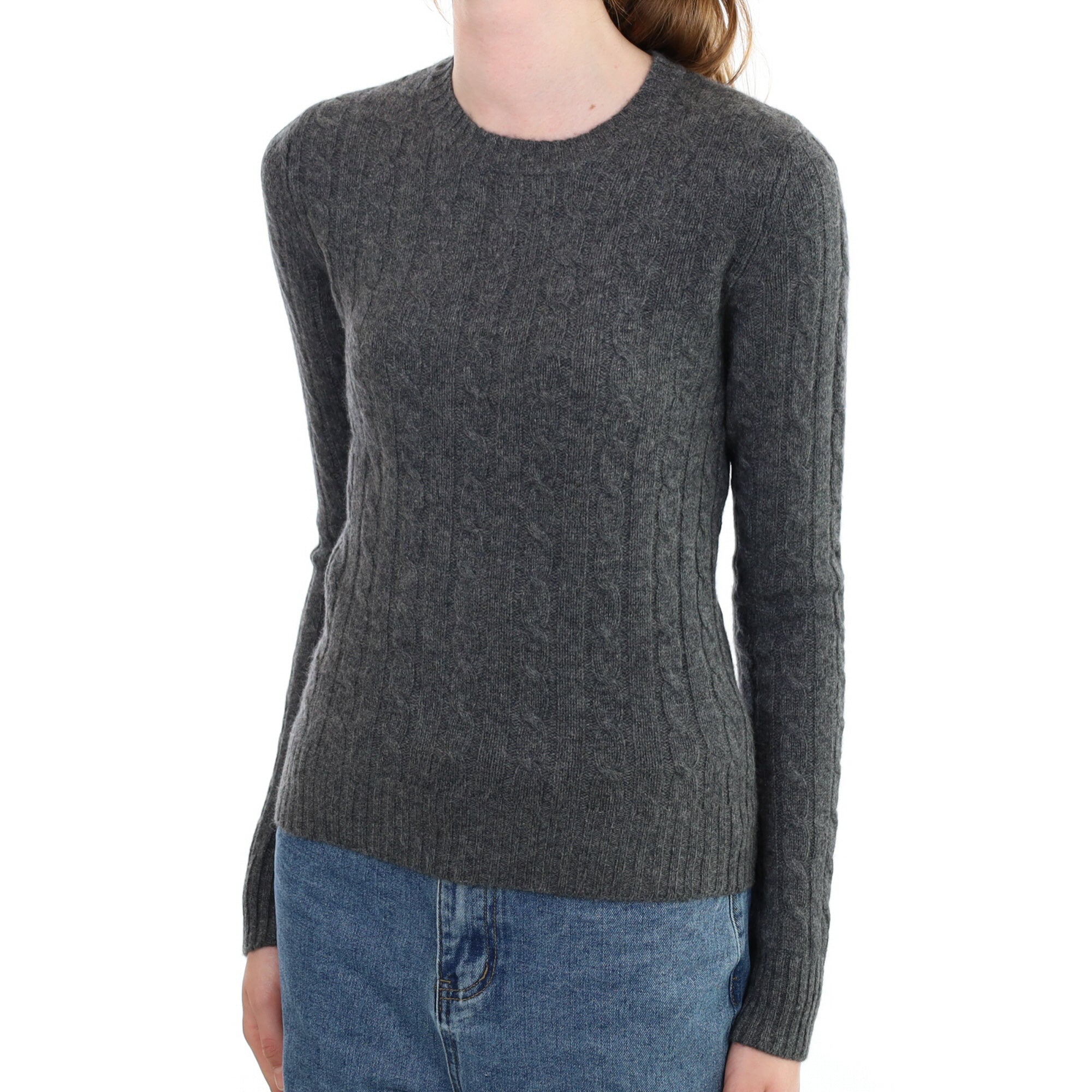 Slate Grey Cable Cashmere Crew Neck Jumper Extra Small