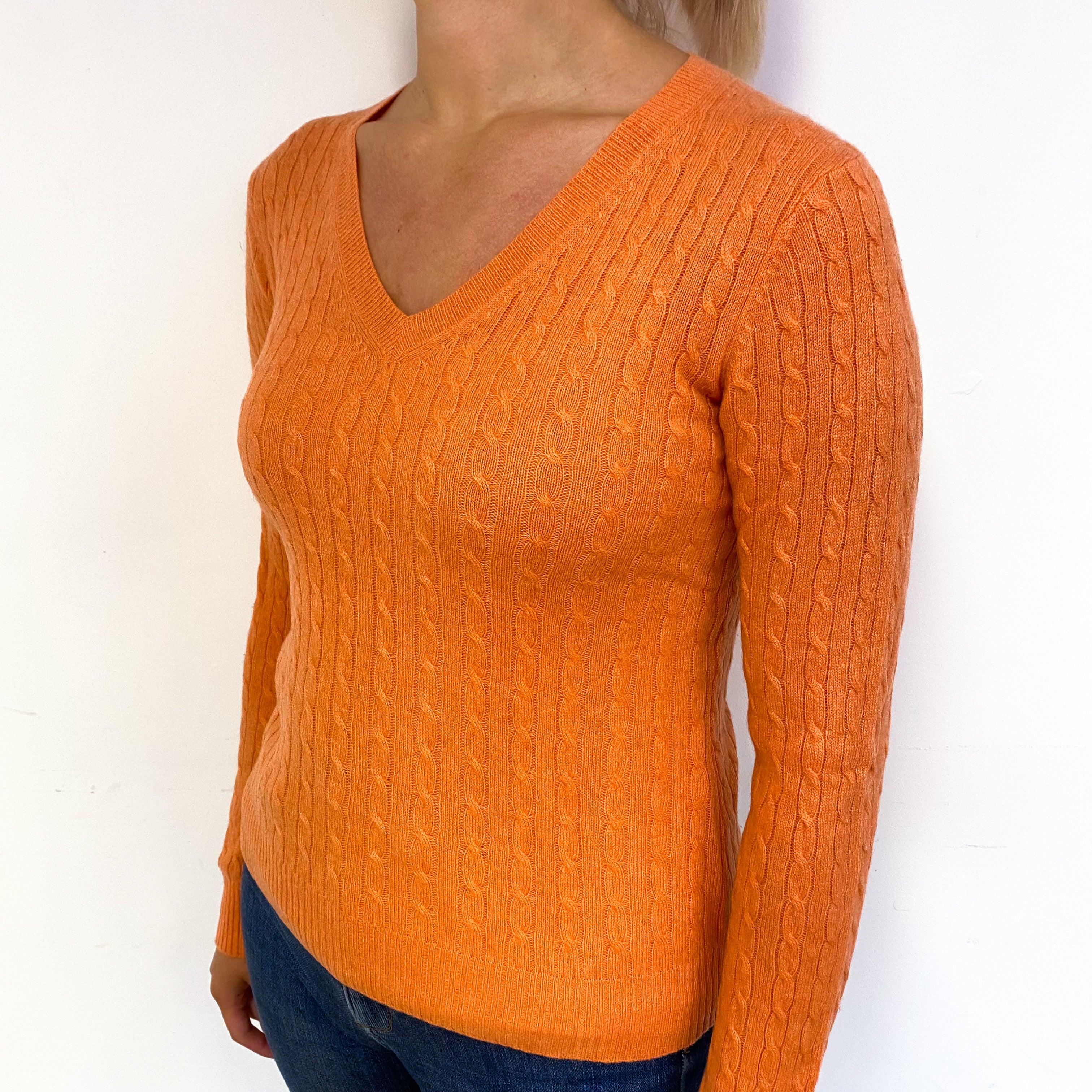 Tangerine Orange Cable Cashmere V-Neck Jumper Small